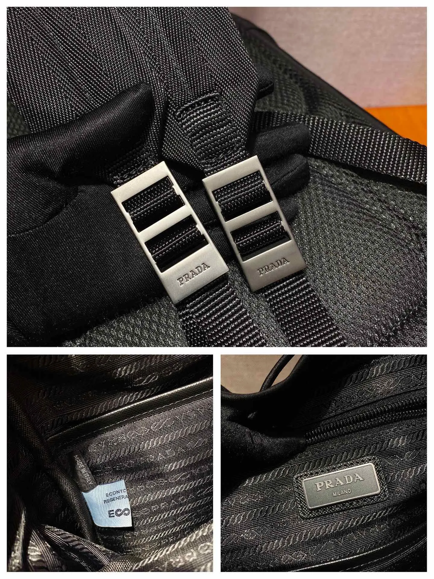 💰1320🎉Environmental protection series🎉2VZ135🎉🎉This backpack is made of innovative regenerated nylon fabric and has a classic design. Featuring a flap with strap and buckle and four exterior zipped pockets. The padded back reveals practical details, and the signature enameled triangle metal logo reinforces the brand's identity. Simple and elegant, men, hurry up and get it, it is another backpack that will never go out of style👏👏 Length 27x Height 45x Bottom 17cm