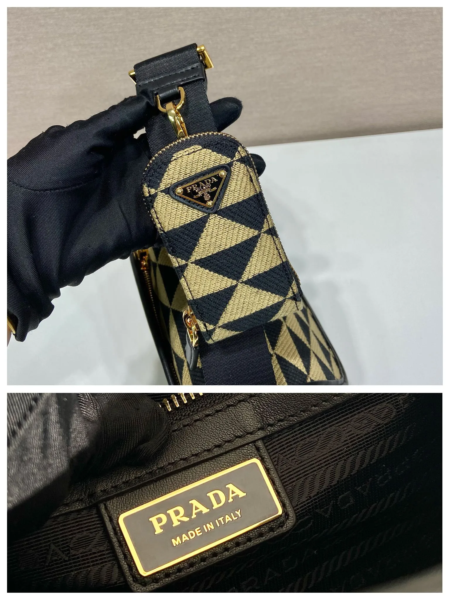 💰1500🎉Embroidered fabric messenger bag🎉2VD034🎉🎉 This embroidered messenger bag is made of imported saffiano leather and unique embroidered fabric fabric🎉🎉The geometric design is transformed into exquisite modernist patterns, playing with contrasting colors, and equipped with a detachable and adjustable nylon webbing shoulder strap. The upper body effect is very cool. It is suitable for both men and women. If you like babies, hurry up and get it.🎉🎉l Length 22x Height 16x Bottom 8.5cm