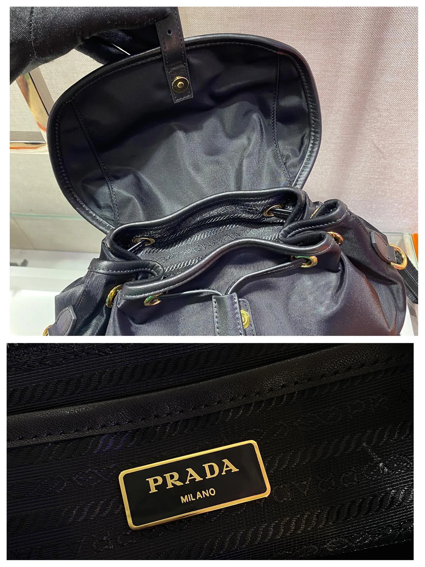 💰1120🎉New Backpack🎉1BZ677A👍👍This nylon backpack is trimmed with exquisite Saffiano leather, a blend of multiple materials, and is decorated with a spaghetti logo, a flap design and two front pockets, highlighting fashionable elegance. Lightweight and practical, the upper body effect is super stylish, and it can be matched at will😘😘Fully upgraded nylon fabric👍👍👏👏👏 Length 24x Height 28x Bottom 12cm