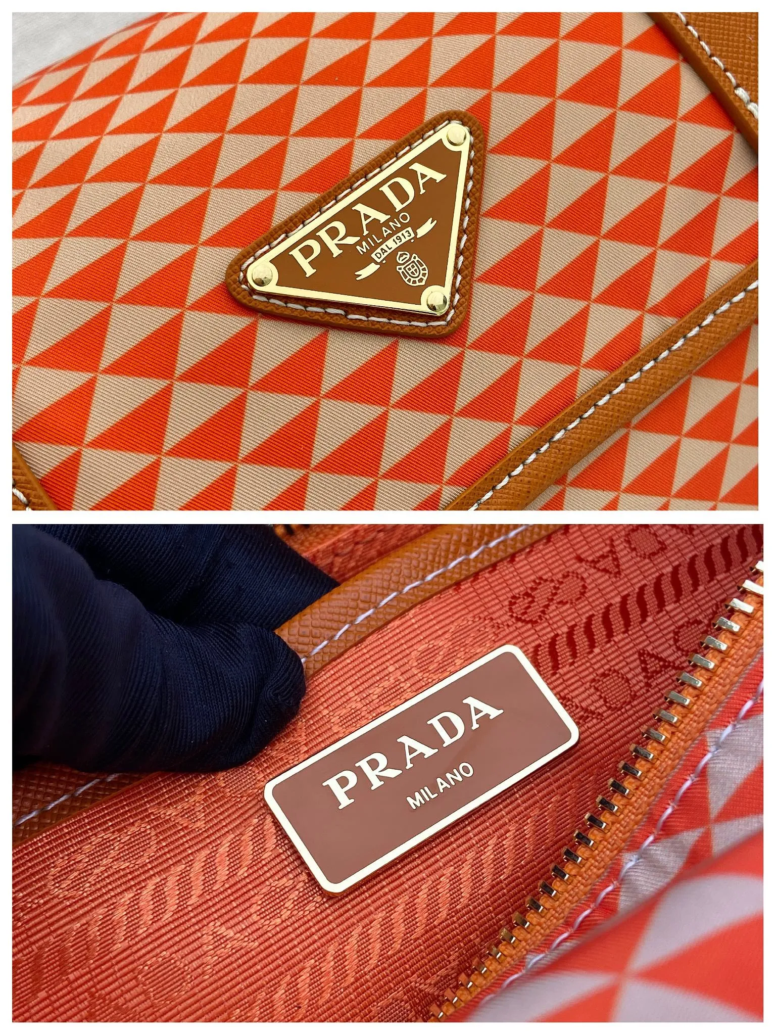 💰1320🎉New Symbole🎉1BD383 Messenger Bag🎉 This messenger bag is made of fabric-printed nylon fabric with cross-grain cowhide. The color is eye-catching, and the print on the bag is composed of classic triangles, which is very eye-catching and has a large space. She is so beautiful😘, beauties, hurry up and get it, it is a must-have in spring and summer👏👏 Length 25x height 19.5x base 11cm🎉🎉🎉💰💰💰