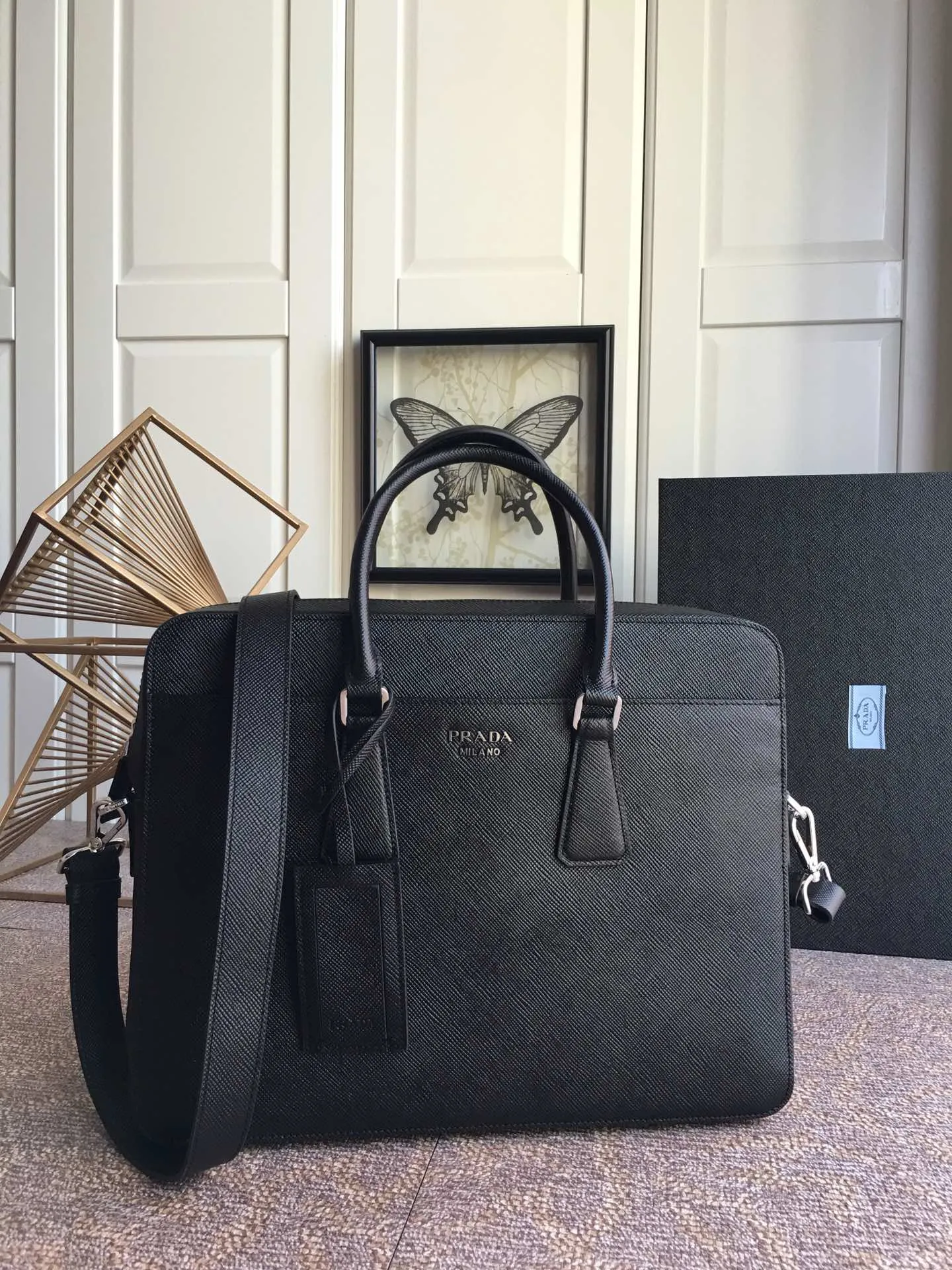 💰1960, P Jiachui's new men's bag, 2VE363B, single layer, spread word watch, counter synchronization [strong][strong][strong], imported original thick cross pattern men's bag, double-layered grid, men's favorite, length 36X height 28X thickness 6,