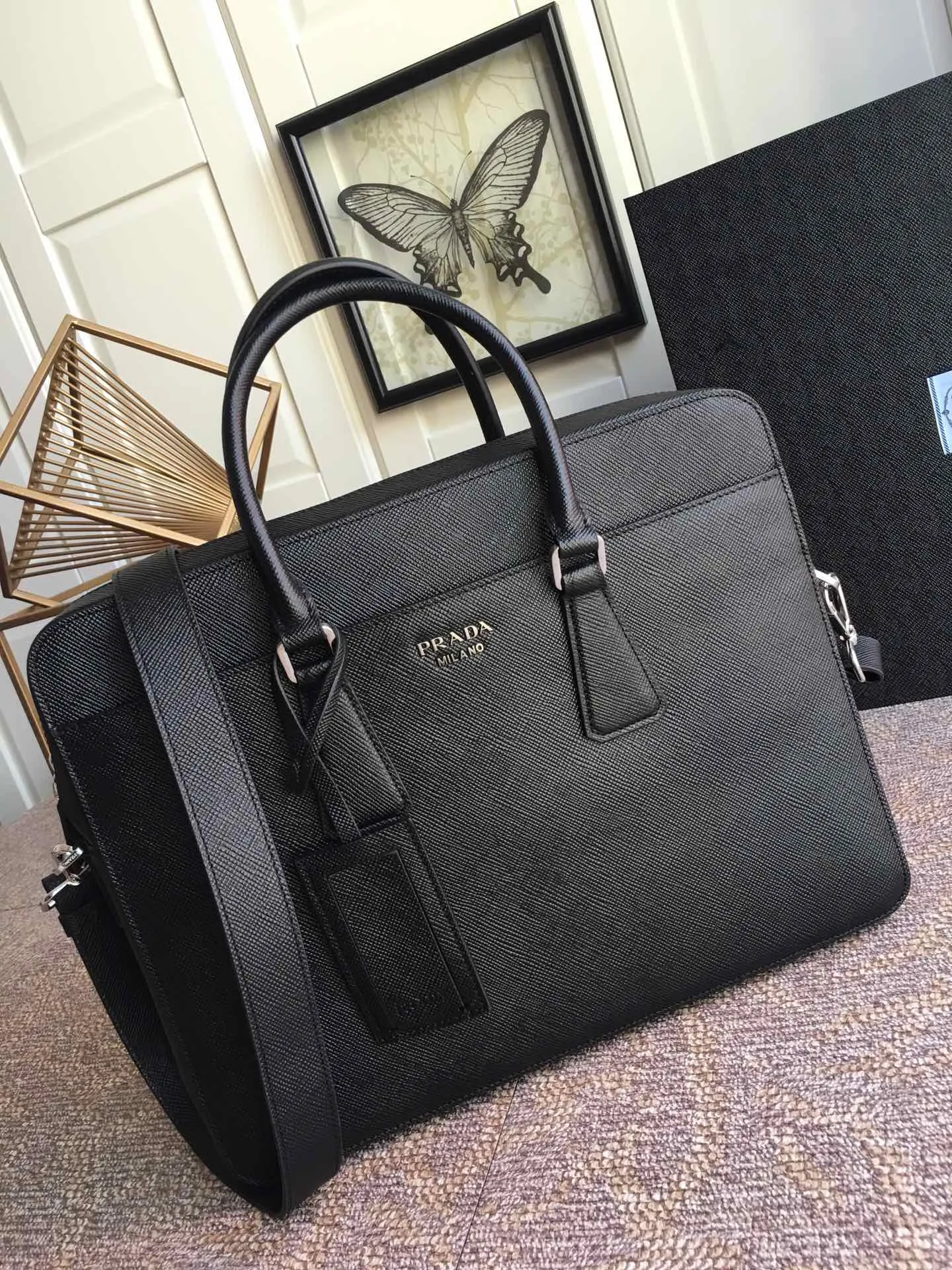 💰1960, P Jiachui's new men's bag, 2VE363B, single layer, spread word watch, counter synchronization [strong][strong][strong], imported original thick cross pattern men's bag, double-layered grid, men's favorite, length 36X height 28X thickness 6,