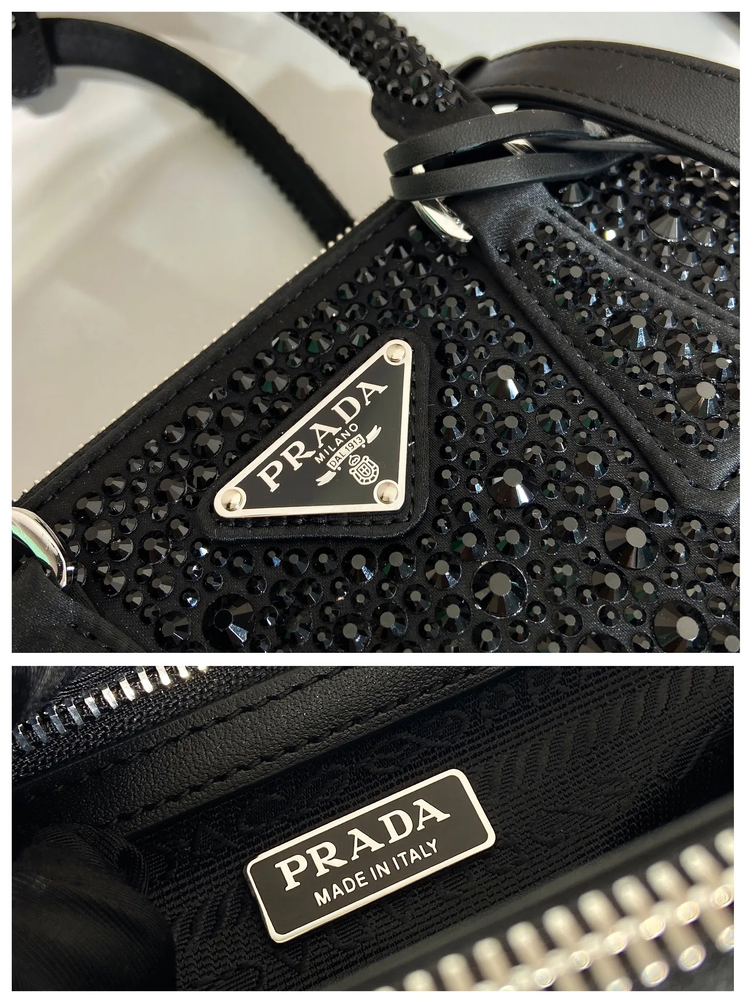 💰1700🎉Crystal killer bag🎉1BA906 new color🎉🎉 This crystal killer bag uses a combination of imported imitation crystal and satin materials, with an enamel-coated metal triangle logo decorated with a double zipper pocket design. The top handle and long shoulder strap are removable and adjustable. So cute😍, the effect of bling bling is very eye-catching, easy to create a large space🎉🎉Cute and cool, don’t you feel excited😙😙, beauties. Get it now. So beautiful, so in love😋😋 Length 20x height 15x9.5cm🎉🎉🎉👏👏👏