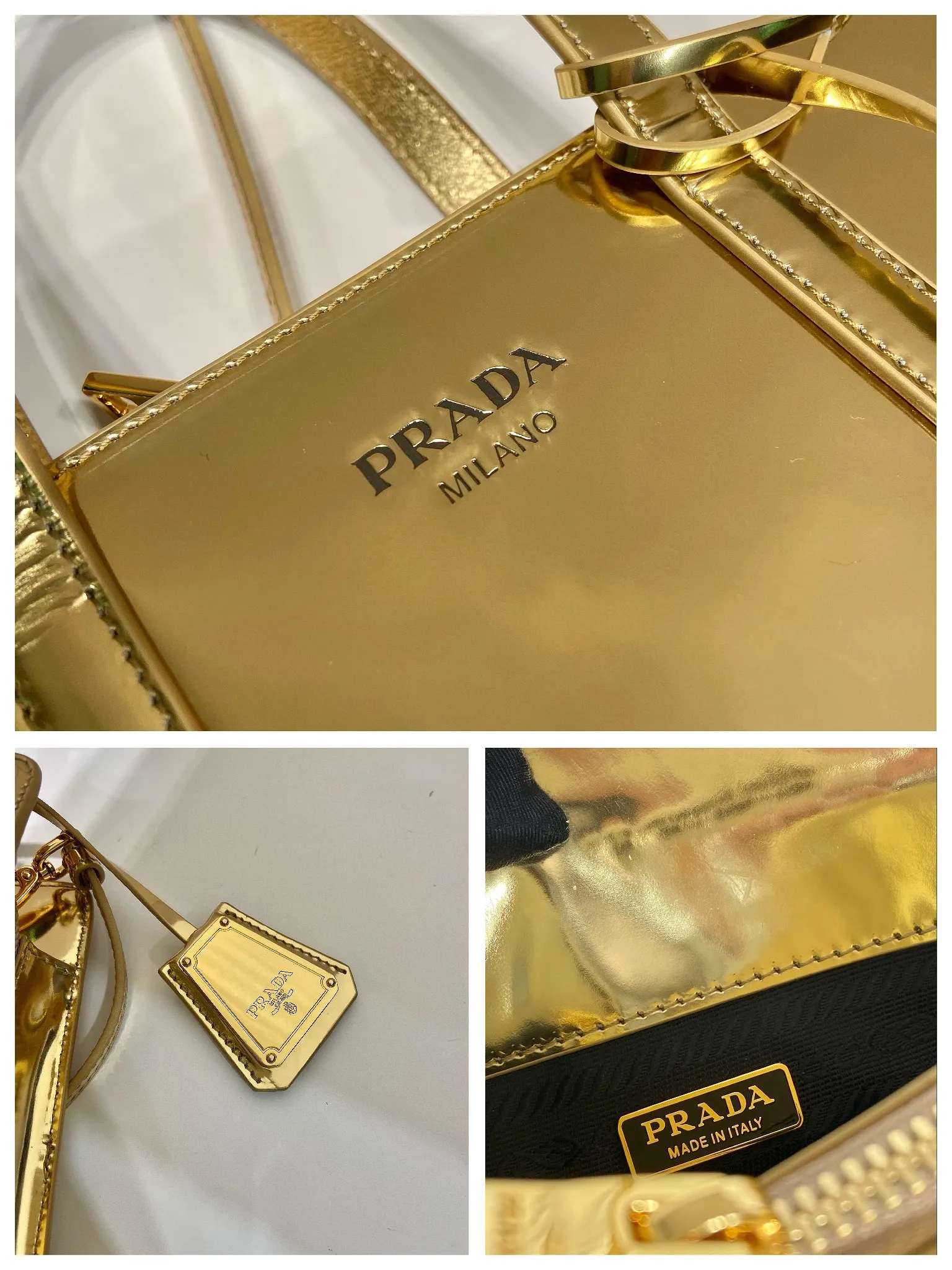 💰1500🎉mini shopping bag🎉1BA357 gold👏 This new handbag reproduces the iconic Re-Edition/1995, renovating it with an elegant geometric silhouette and clear simple lines. Equipped with a detachable long shoulder strap, it can also be carried by hand. The exquisite screen-printed engraved logo 👏 is meant to enhance the style. The exquisite glossy leather craftsmanship has a very cool upper body effect. A must-have for summer. Hurry up and get it, length 22x height 15x base 6.5cm🎉🎉🎉👏👏👏