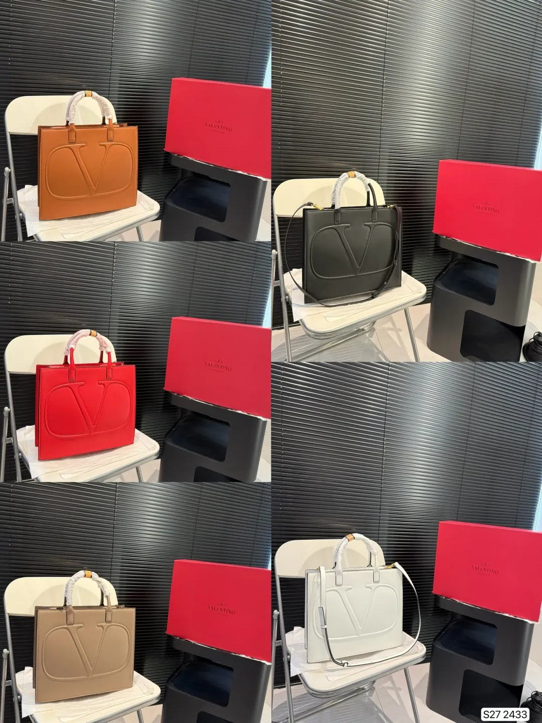 P370 comes with a folding box. Valentino tote bag. The texture is very high-end. The capacity is super large and very durable. Carrying it on the street every day has a 100% chance of returning. It has this casual and lazy feeling. Size: 31 27 Item No. 2433