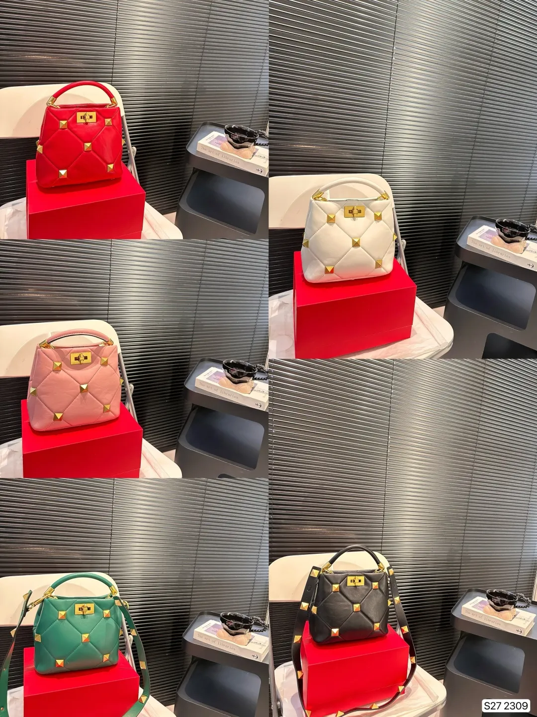 P370 comes with a folding box. Valentino bucket Valentino stud bag feels very gentle. The golden rivets add a touch of nobility. It looks small but has a large capacity. It is suitable for commuting and daily outings. Size: 20 18 Item No. 2309