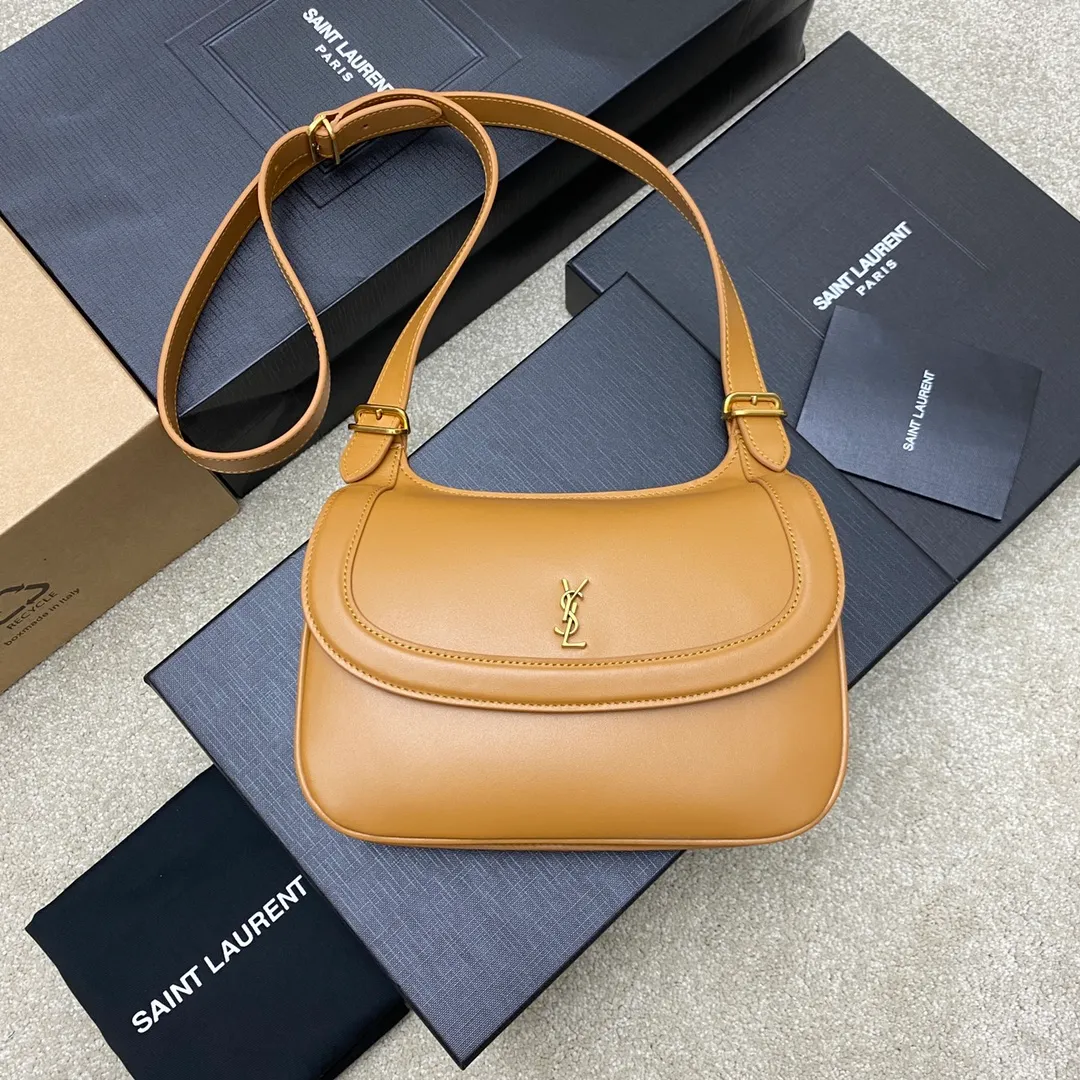 💰1560 brown plain leather/gold 🌈2022 new saddle bag CHARLIE medium smooth leather shoulder bag, CHARLIE medium smooth leather shoulder bag, CHARLIE medium front flap shoulder bag, decorated with metal intertwined YSL letter logo, with side bellows design, adjustable strap with buckle, can be used for shoulder or crossbody 👍20220780 Model: 686742 [original leather] Size: 23x17x4cm