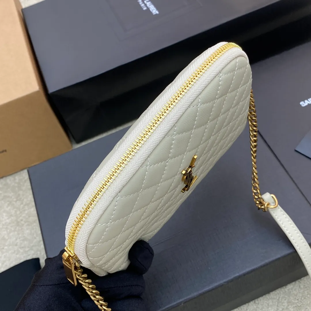 White sheepskin/gold 🌈YSL's new GABY quilted sheepskin chain shell bag, equipped with classic YSL logo, soft original sheepskin material, adjustable chain length: 57cm, light bronze metal hardware, sheepskin lining👍20220650 Model: 733667 [original leather] Size: 13x9x3.5cm