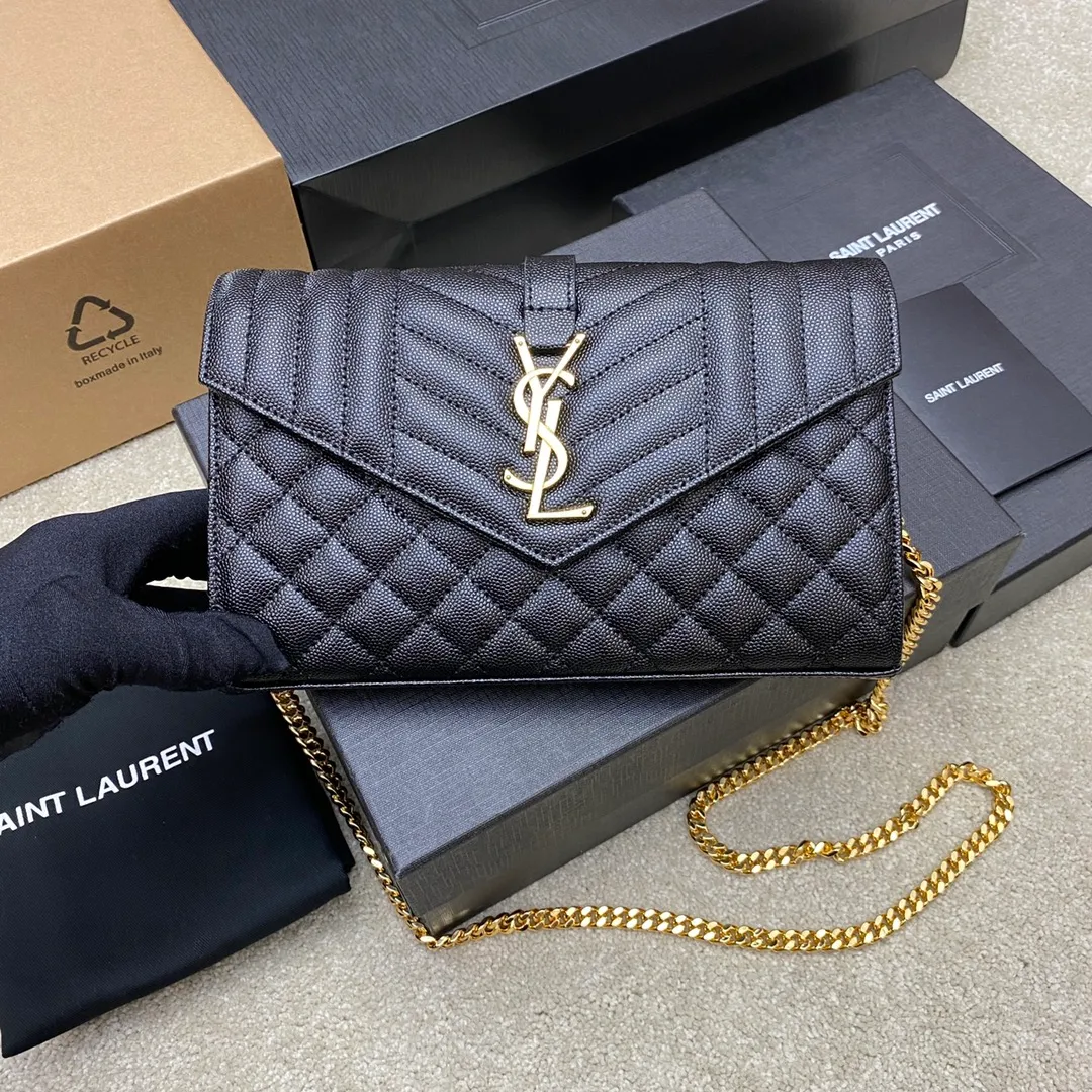 💰1300 black ball pattern/gold buckle 🌈YSL latest ENVELOPE Woc envelope bag ✉️Original caviar ball pattern, engraved inner zipper compartment, can be used as a clutch bag or as a shoulder bag. There are multiple card slots inside. Compact and practical 👍20220650 Model: 620280 [original leather] Size: 22.5x14x4cm
