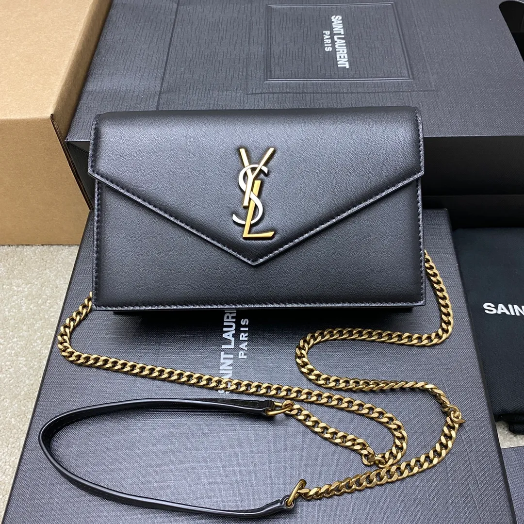 p1220 The top product in the market, black sheepskin/gold 🌈Y’s new product LE CASSANDRE smooth leather envelope chain wallet, made of Italian imported lambskin, soft to the touch! Front flap wallet, decorated with three-color metal logo, super nice! LECASSANDRE interior: six card slots, one bill slot, one main compartment, and one zippered coin pocket, practical and stylish! 20230610 Model: 743050 [original leather] Size: 19x12.5x3.5cm