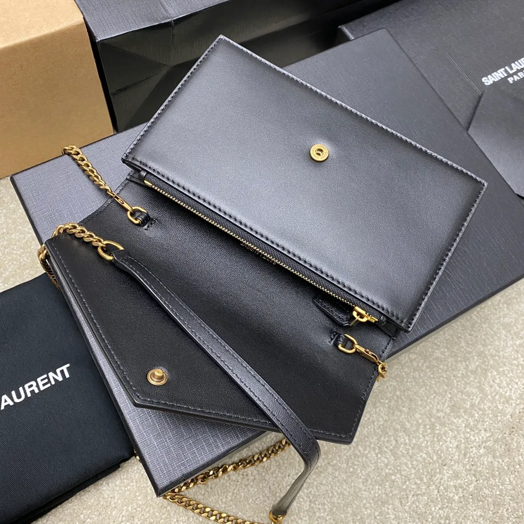 p1220 The top product in the market, black sheepskin/gold 🌈Y’s new product LE CASSANDRE smooth leather envelope chain wallet, made of Italian imported lambskin, soft to the touch! Front flap wallet, decorated with three-color metal logo, super nice! LECASSANDRE interior: six card slots, one bill slot, one main compartment, and one zippered coin pocket, practical and stylish! 20230610 Model: 743050 [original leather] Size: 19x12.5x3.5cm