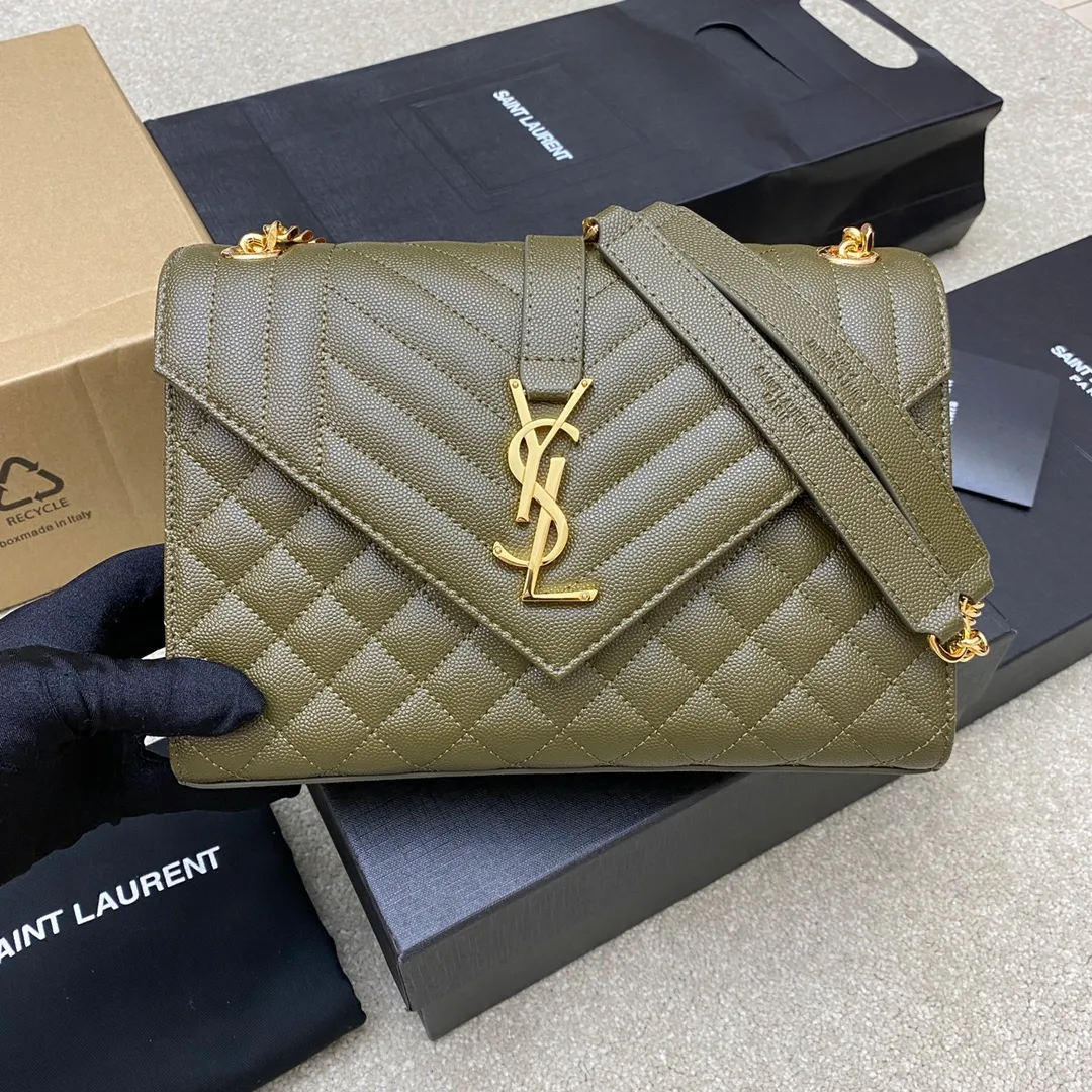Olive green ball pattern/gold buckle 🌈YSL's new classic plaid messenger bag, flap handbag, equipped with metal YSL logo, metal chain, leather chain leather shoulder strap and horizontal and vertical jacquard embossed stitching decoration, fashionable, casual and practical 👍20220750 Model: 392739 [original leather] Size: 24x17.5x6cm