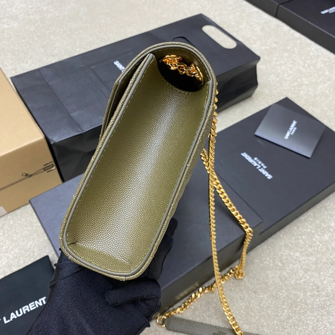 Olive green ball pattern/gold buckle 🌈YSL's new classic plaid messenger bag, flap handbag, equipped with metal YSL logo, metal chain, leather chain leather shoulder strap and horizontal and vertical jacquard embossed stitching decoration, fashionable, casual and practical 👍20220750 Model: 392739 [original leather] Size: 24x17.5x6cm