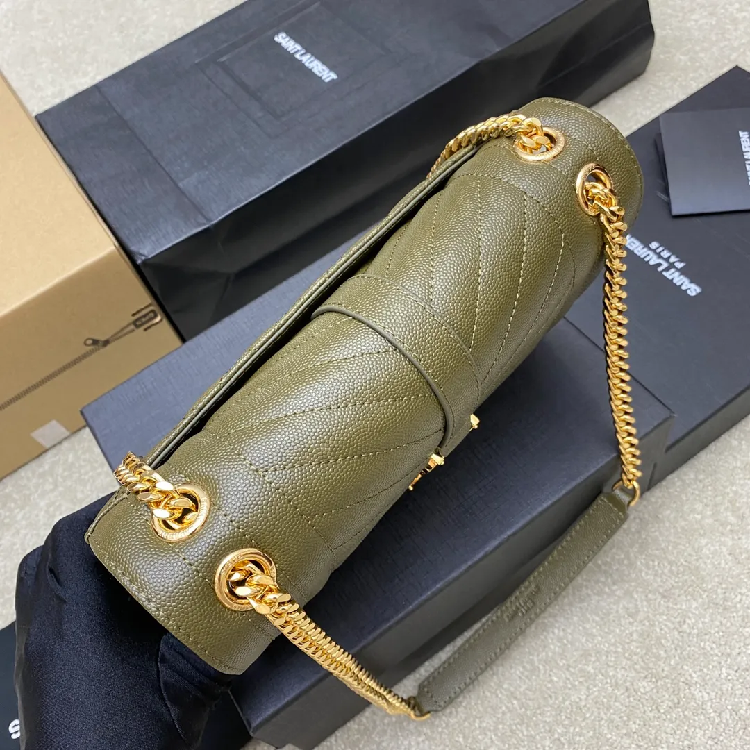 Olive green ball pattern/gold buckle 🌈YSL's new classic plaid messenger bag, flap handbag, equipped with metal YSL logo, metal chain, leather chain leather shoulder strap and horizontal and vertical jacquard embossed stitching decoration, fashionable, casual and practical 👍20220750 Model: 392739 [original leather] Size: 24x17.5x6cm