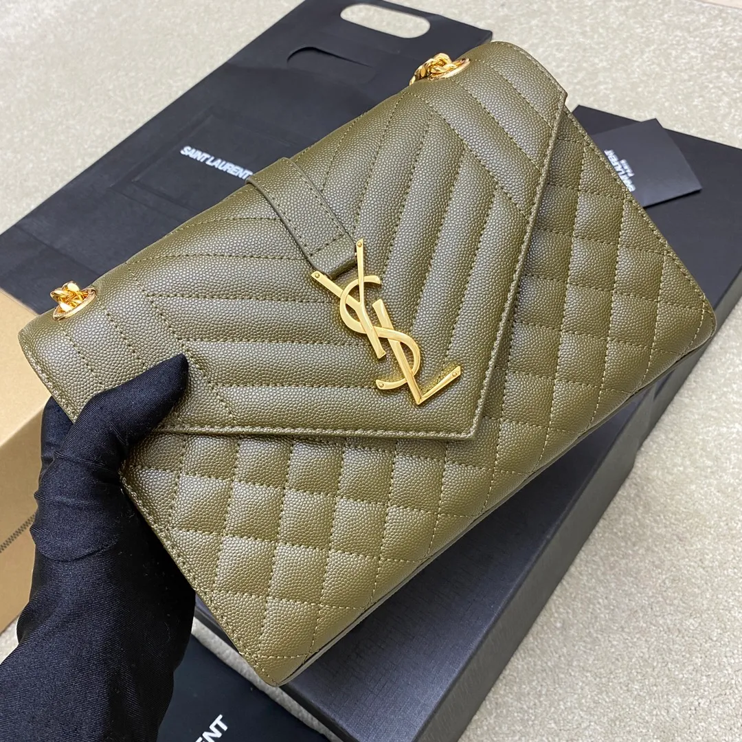Olive green ball pattern/gold buckle 🌈YSL's new classic plaid messenger bag, flap handbag, equipped with metal YSL logo, metal chain, leather chain leather shoulder strap and horizontal and vertical jacquard embossed stitching decoration, fashionable, casual and practical 👍20220750 Model: 392739 [original leather] Size: 24x17.5x6cm