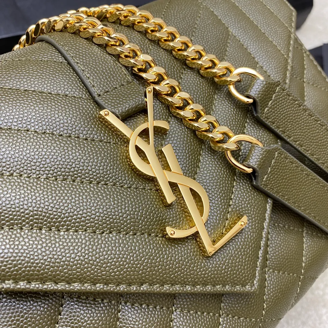 Olive green ball pattern/gold buckle 🌈YSL's new classic plaid messenger bag, flap handbag, equipped with metal YSL logo, metal chain, leather chain leather shoulder strap and horizontal and vertical jacquard embossed stitching decoration, fashionable, casual and practical 👍20220750 Model: 392739 [original leather] Size: 24x17.5x6cm