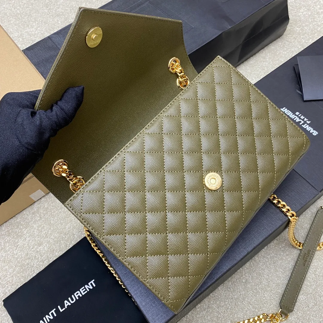 Olive green ball pattern/gold buckle 🌈YSL's new classic plaid messenger bag, flap handbag, equipped with metal YSL logo, metal chain, leather chain leather shoulder strap and horizontal and vertical jacquard embossed stitching decoration, fashionable, casual and practical 👍20220750 Model: 392739 [original leather] Size: 24x17.5x6cm