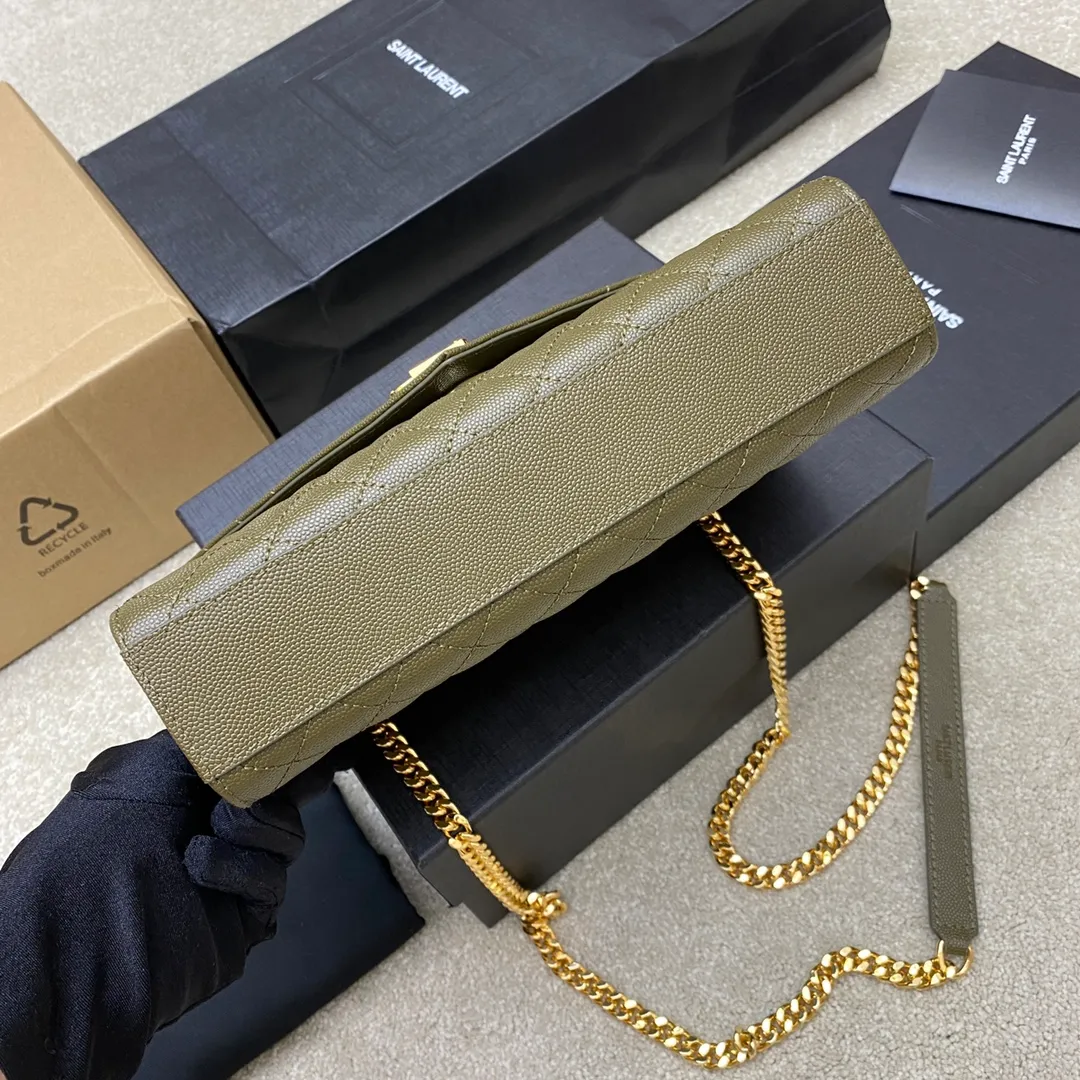 Olive green ball pattern/gold buckle 🌈YSL's new classic plaid messenger bag, flap handbag, equipped with metal YSL logo, metal chain, leather chain leather shoulder strap and horizontal and vertical jacquard embossed stitching decoration, fashionable, casual and practical 👍20220750 Model: 392739 [original leather] Size: 24x17.5x6cm