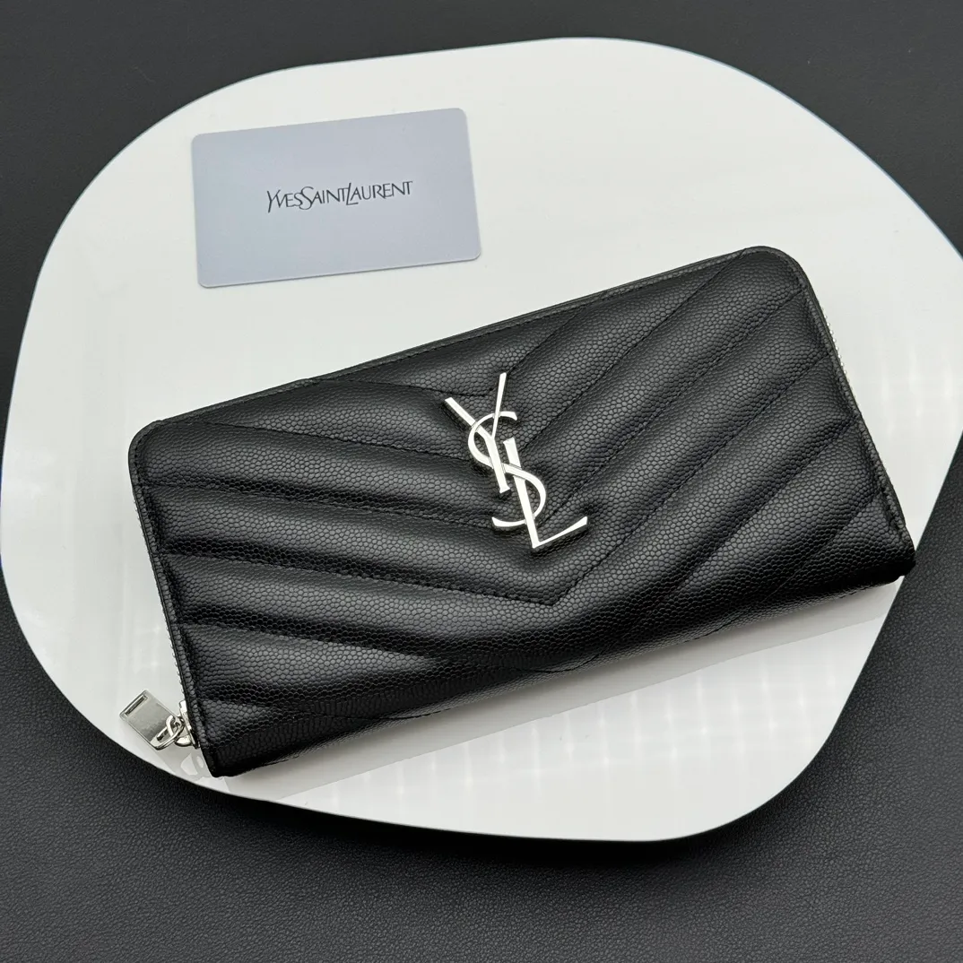 💰170 💎Top quality💖 MATELASSE flip-top grain embossed leather wrap-around zipper wallet Caviar silver gold #Saint Laurent Hot model🔥Wallet, V-line single pull style top product on the market, using original hardware, full leather inside and outside, complex grid tailoring, sufficient supply💪Hurry up and get it [呲呲]The quality is too good👏 Style number: 358094 Size: 19x9cm