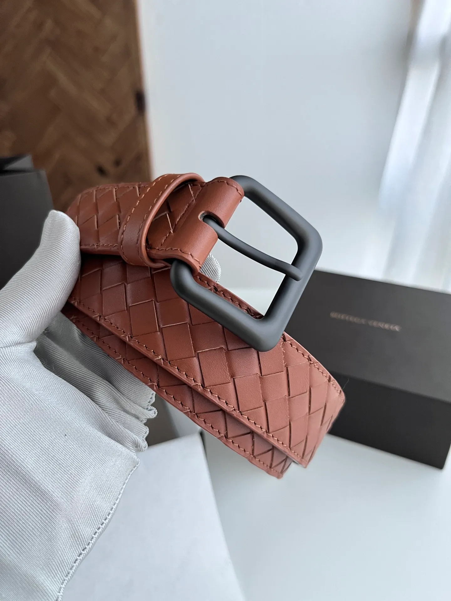 💰480💰Full package💰 💍Purchase level Bottega Veneta BV new men's woven belt intreccio Italian matte calfskin pure handmade small grid weaving with frosted gun color buckle width 3.5CM