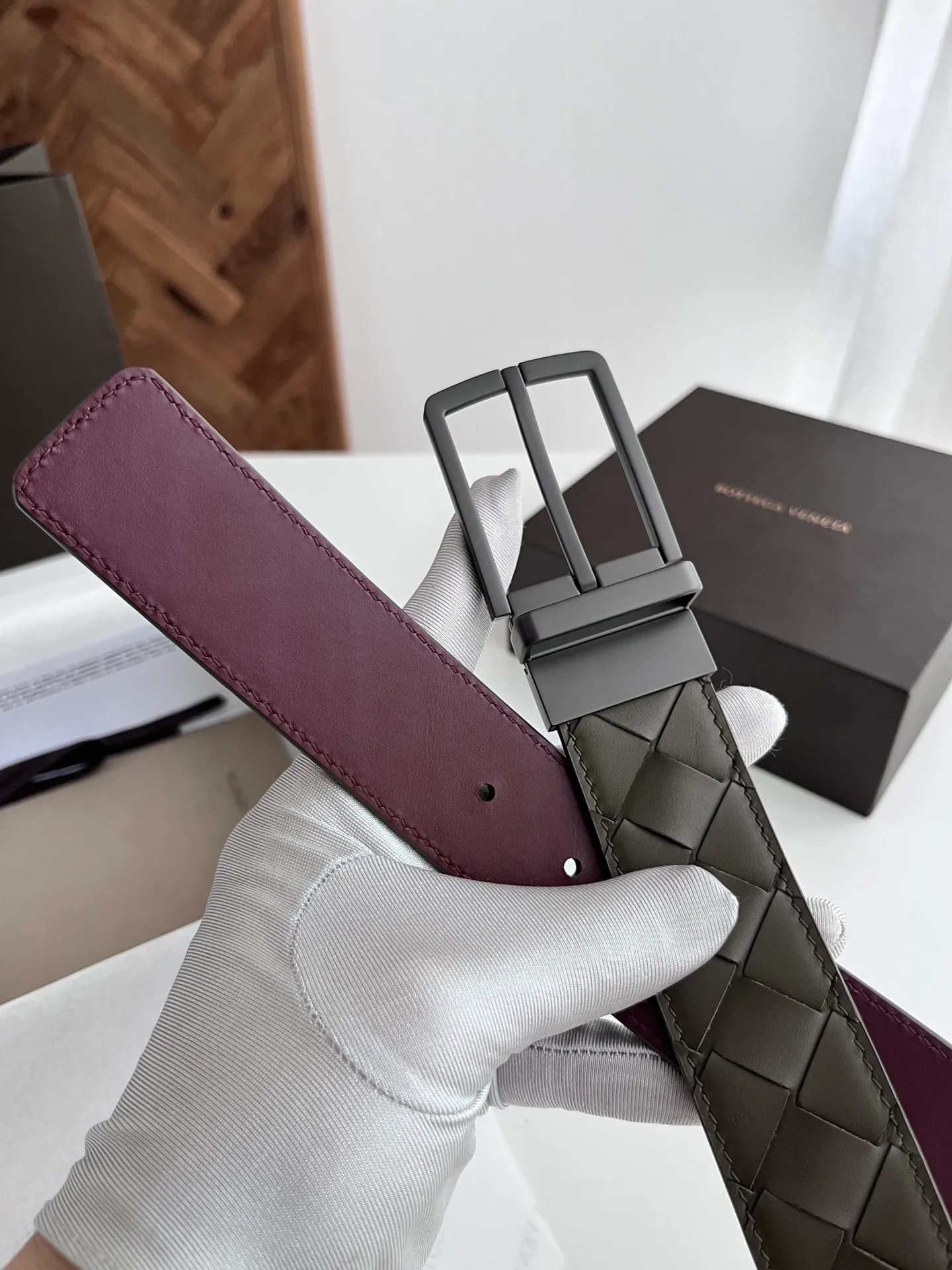 💰560💰Full package💰 💍Purchase level BV latest men's woven belt, double-sided, handmade intreccio large plaid weaving, double-sided Italian calfskin with vacuum gun color rotatable pin buckle, width 35MM