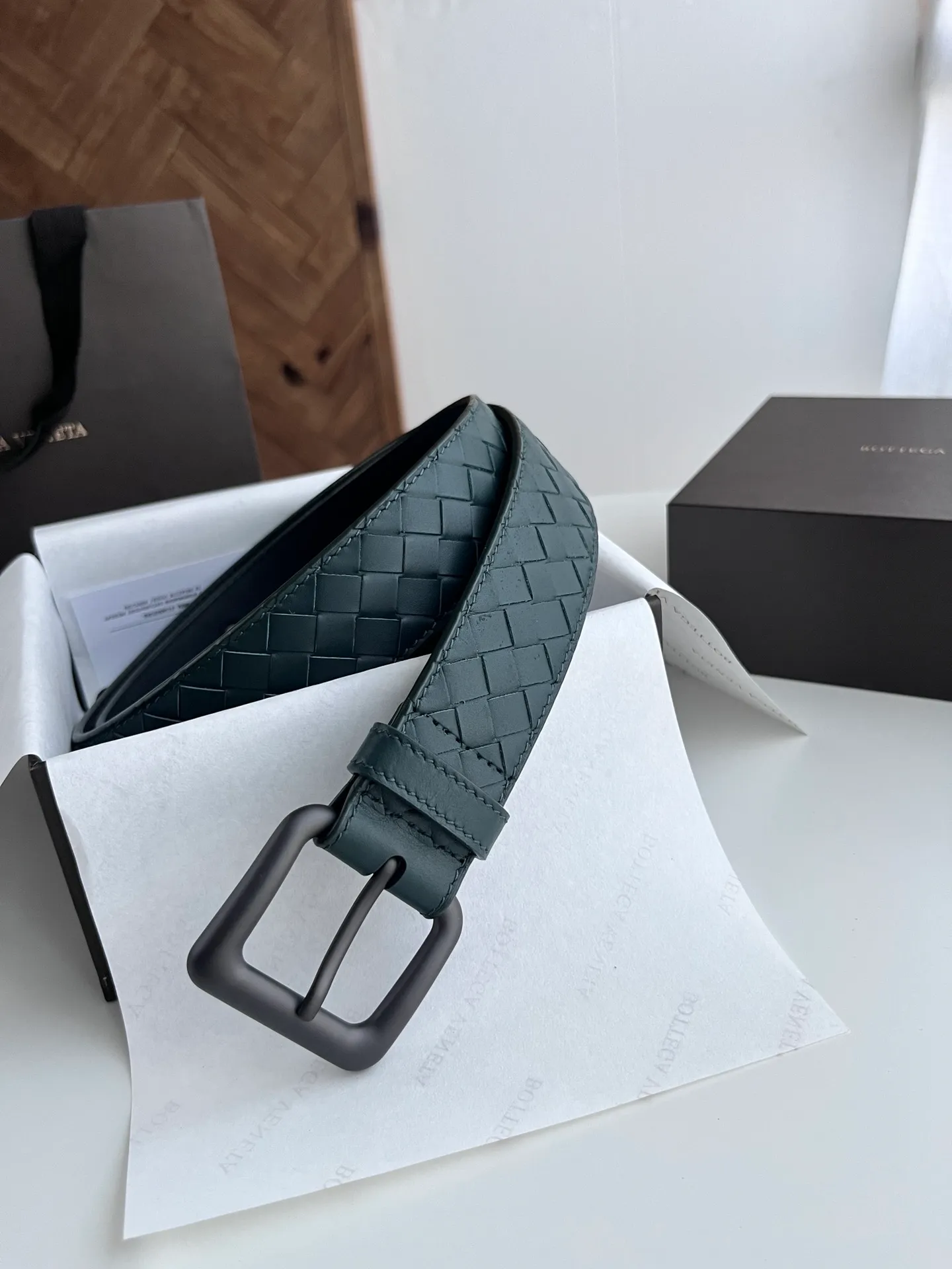 💰480💰Full package💰 💍Purchase level Bottega Veneta BV new men's woven belt intreccio Italian matte calfskin pure handmade small grid weaving with frosted gun color buckle width 3.5CM