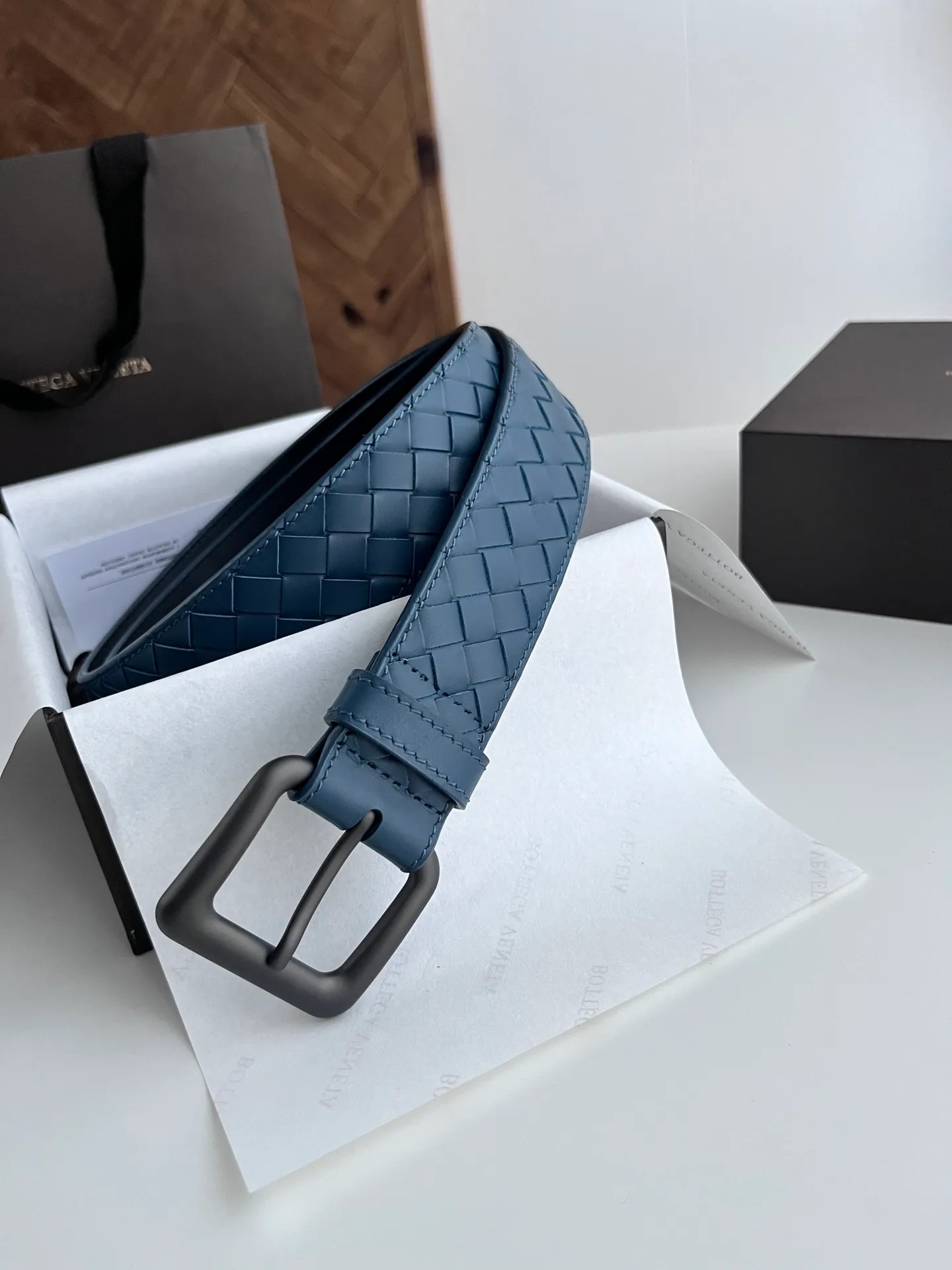 💰480💰Full package💰 💍Purchase level Bottega Veneta BV new men's woven belt intreccio Italian matte calfskin pure handmade small grid weaving with frosted gun color buckle width 3.5CM