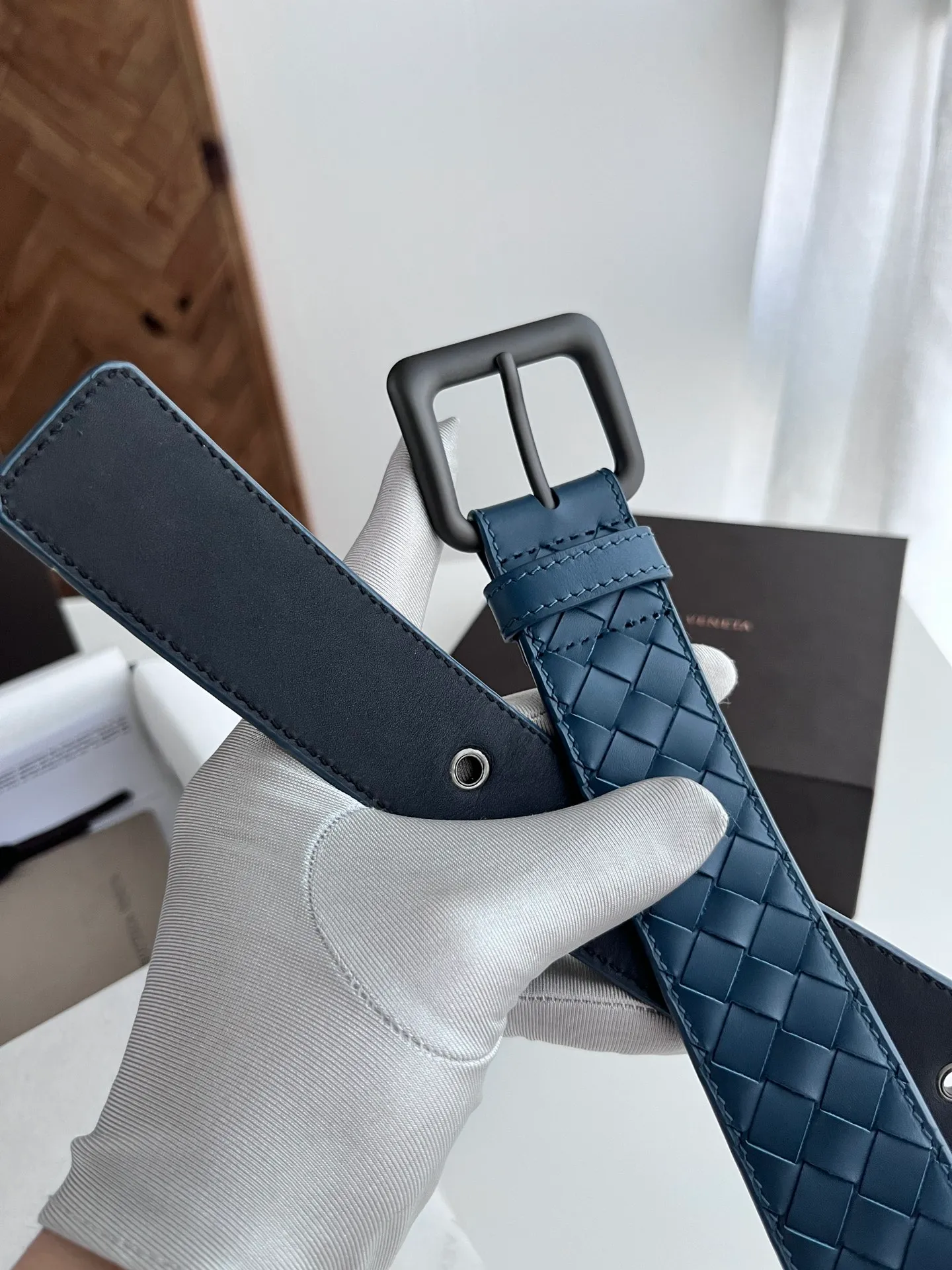 💰480💰Full package💰 💍Purchase level Bottega Veneta BV new men's woven belt intreccio Italian matte calfskin pure handmade small grid weaving with frosted gun color buckle width 3.5CM