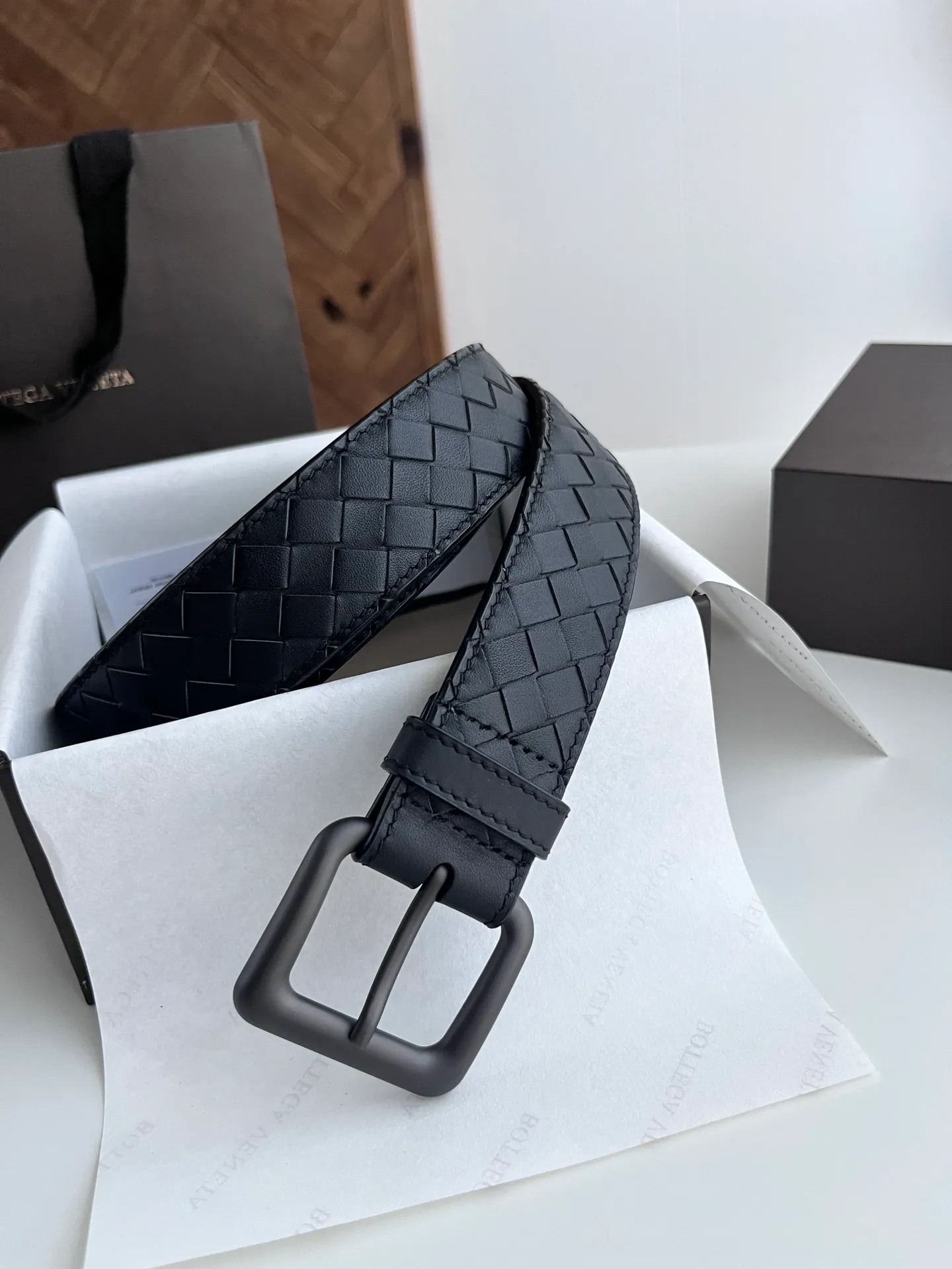 💰480💰Full package💰 💍Purchase level Bottega Veneta BV new men's woven belt intreccio Italian matte calfskin pure handmade small grid weaving with frosted gun color buckle width 3.5CM