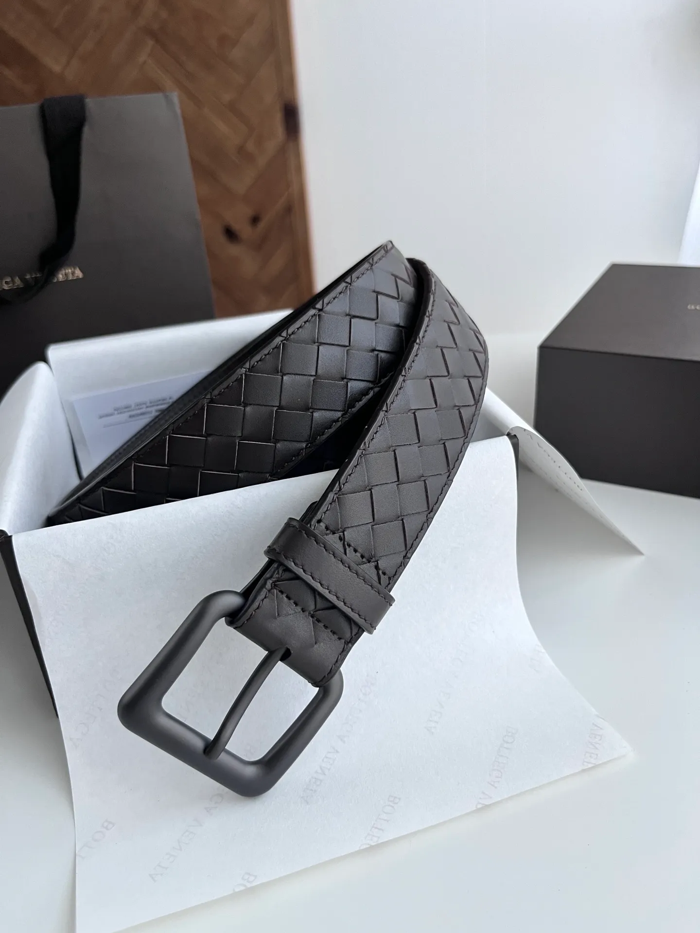 💰480💰Full package💰 💍Purchase level Bottega Veneta BV new men's woven belt intreccio Italian matte calfskin pure handmade small grid weaving with frosted gun color buckle width 3.5CM