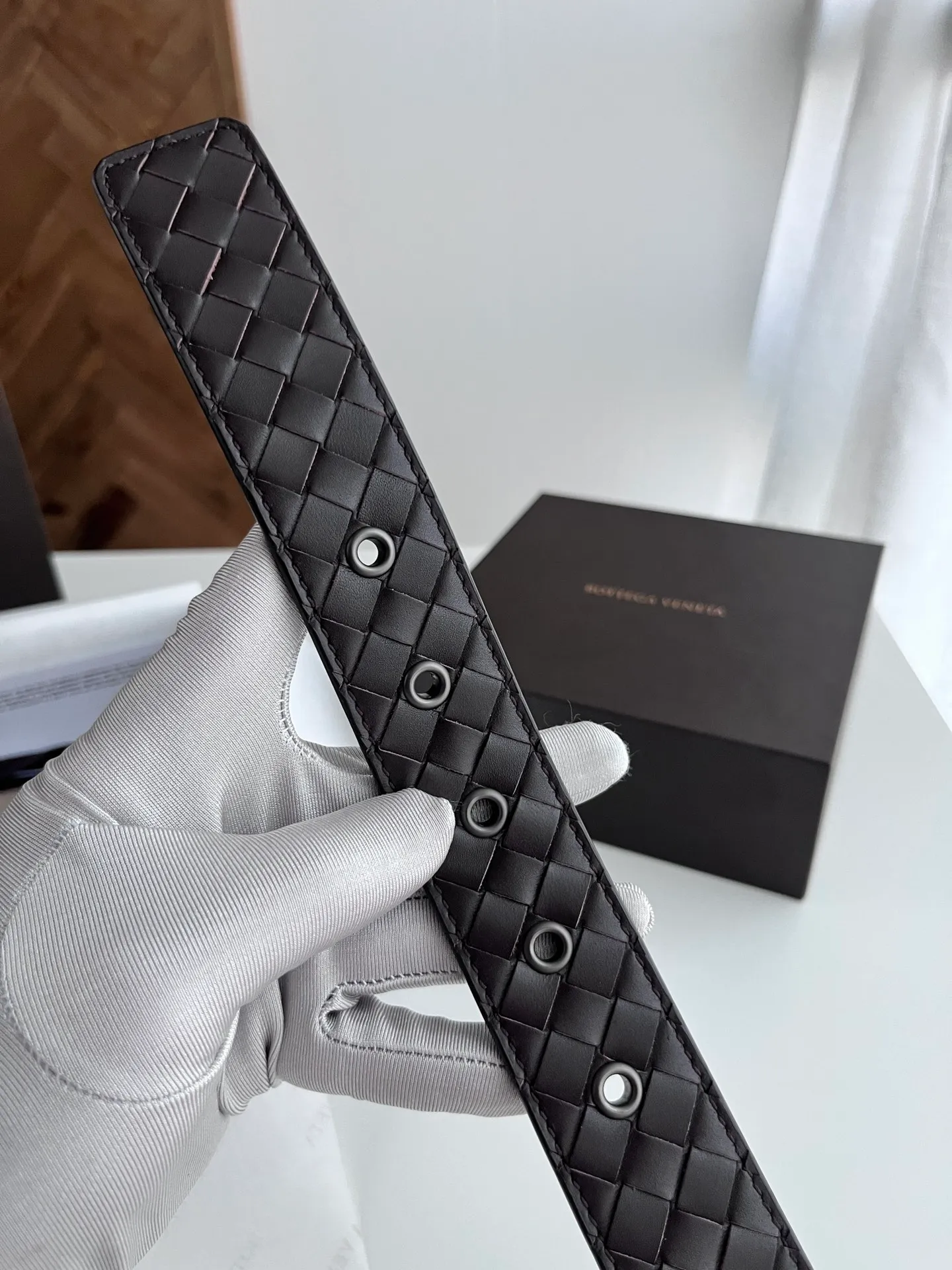 💰480💰Full package💰 💍Purchase level Bottega Veneta BV new men's woven belt intreccio Italian matte calfskin pure handmade small grid weaving with frosted gun color buckle width 3.5CM