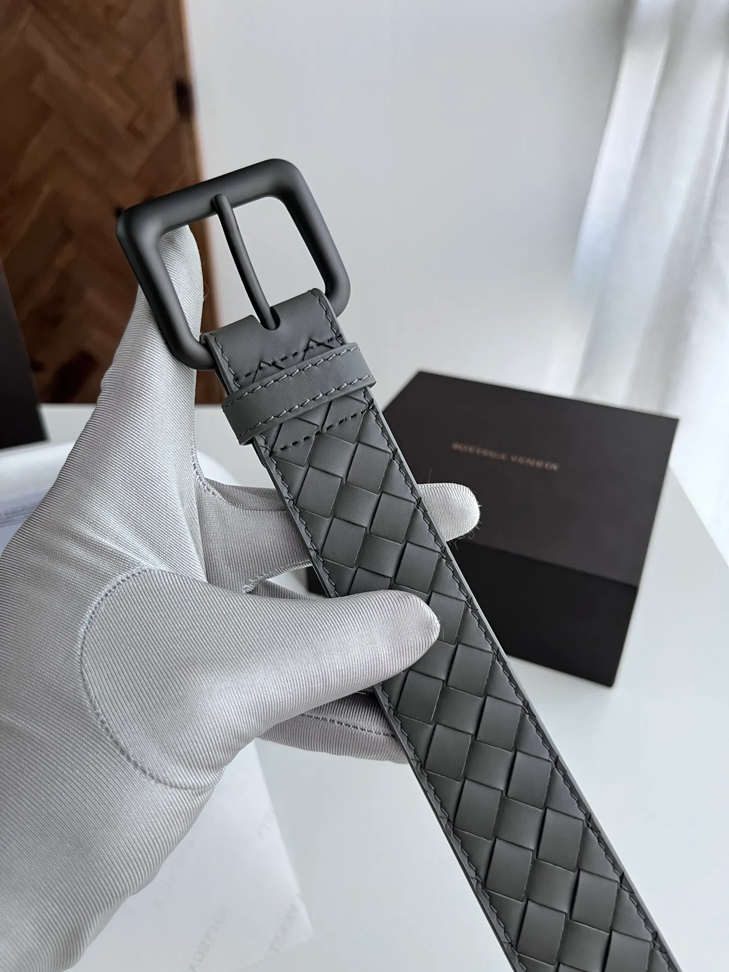 💰480💰Full package💰 💍Purchase level Bottega Veneta BV new men's woven belt intreccio Italian matte calfskin pure handmade small grid weaving with frosted gun color buckle width 3.5CM