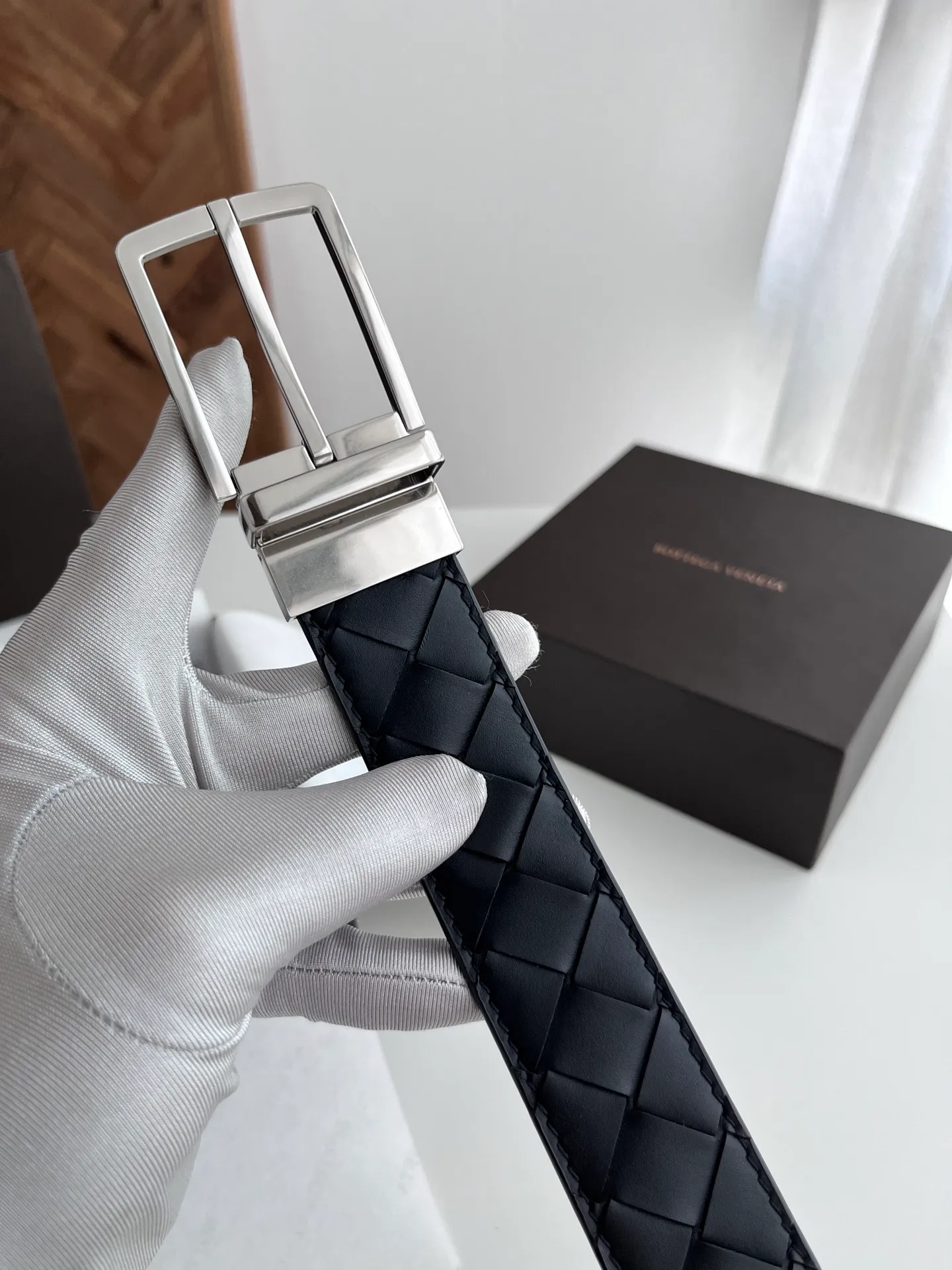 💰560💰Full package💰 💍Purchase level BV latest men's woven belt, double-sided, handmade intreccio large plaid weaving, double-sided Italian calfskin with vacuum gun color rotatable pin buckle, width 35MM