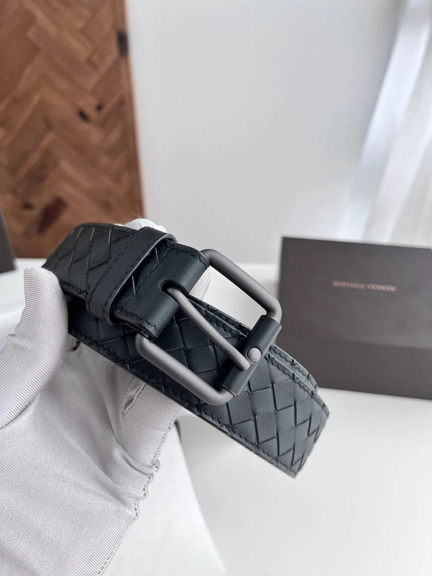💰520💰Full set of packaging💰 💍Purchase level bv new men's woven belt intreccio Italian matte calfskin pure handmade small plaid weaving with matte gun color leather-wrapped nail buckle width 3.5CM