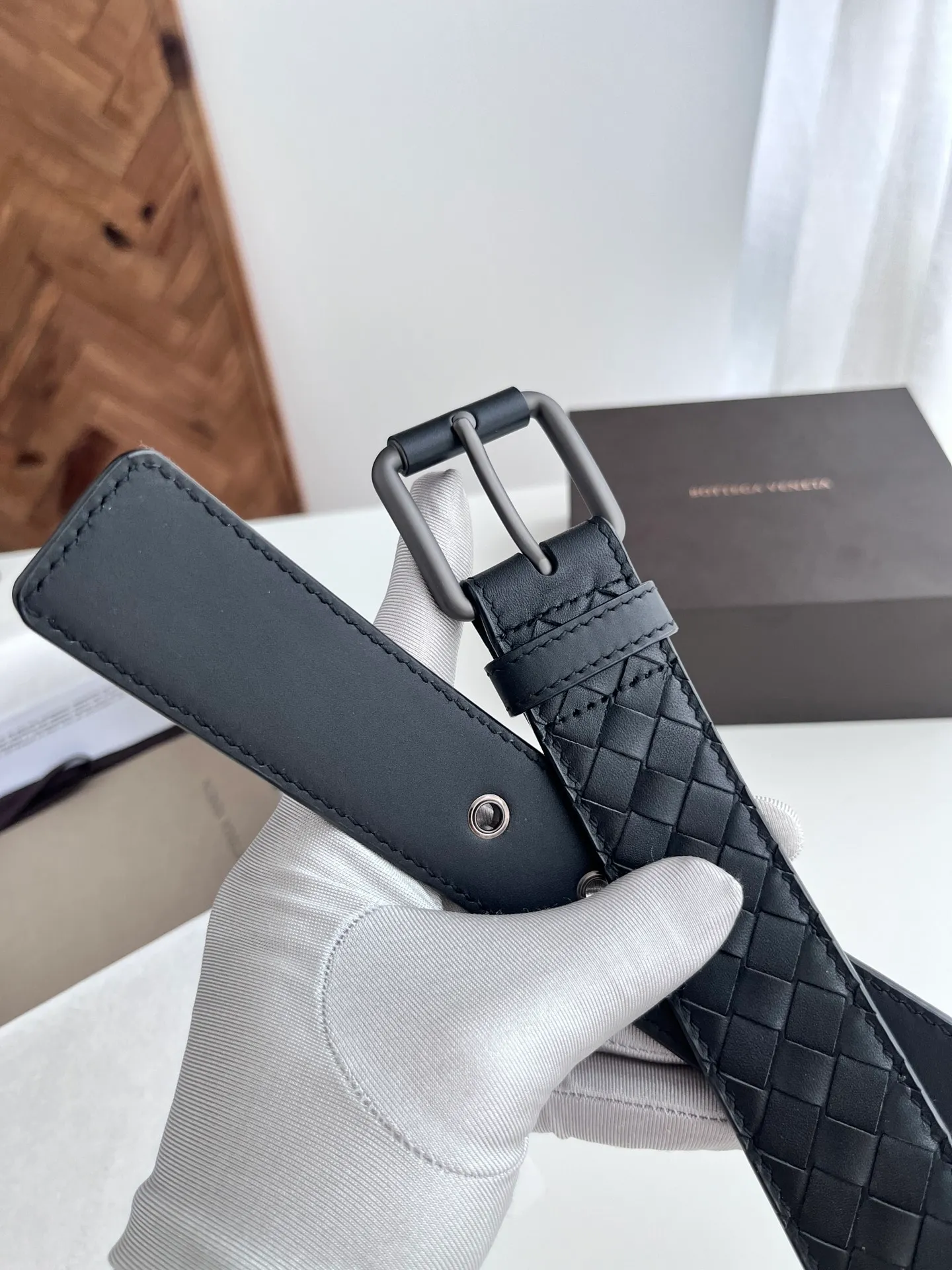 💰520💰Full set of packaging💰 💍Purchase level bv new men's woven belt intreccio Italian matte calfskin pure handmade small plaid weaving with matte gun color leather-wrapped nail buckle width 3.5CM