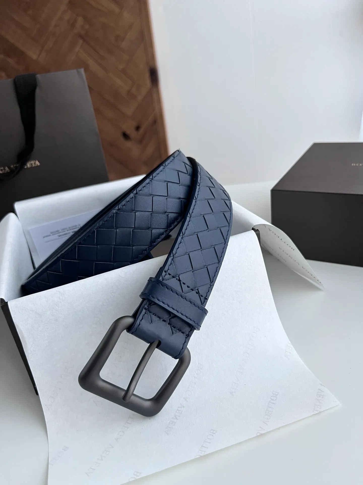 💰480💰Full package💰 💍Purchase level Bottega Veneta BV new men's woven belt intreccio Italian matte calfskin pure handmade small grid weaving with frosted gun color buckle width 3.5CM