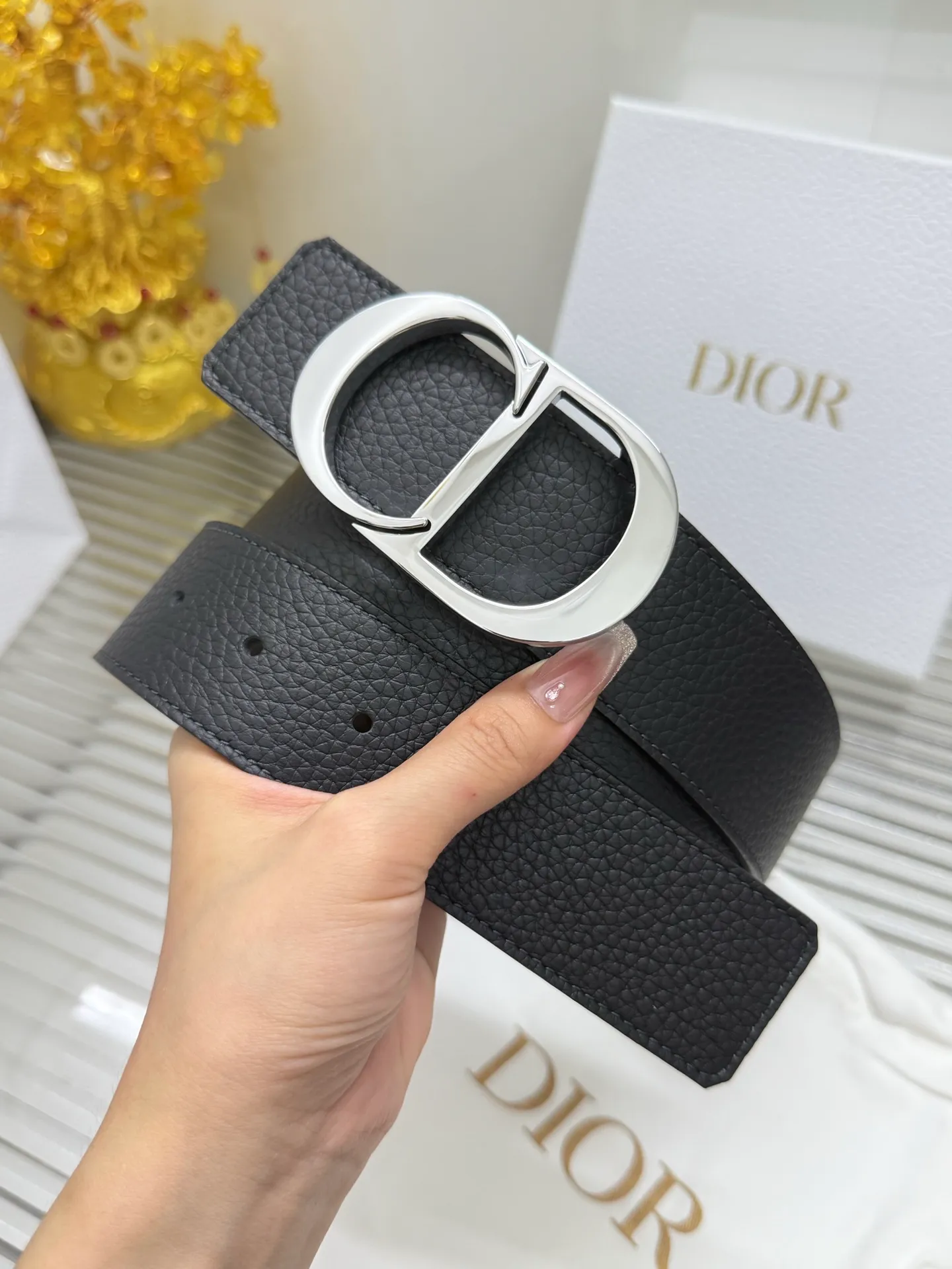 ✅Width: 𝟰.𝟬𝗰𝗺 ❑ Dior Reversible Lychee Black + Gray Original Imported Calfskin + Premium Pure Steel Hardware Buckle P440