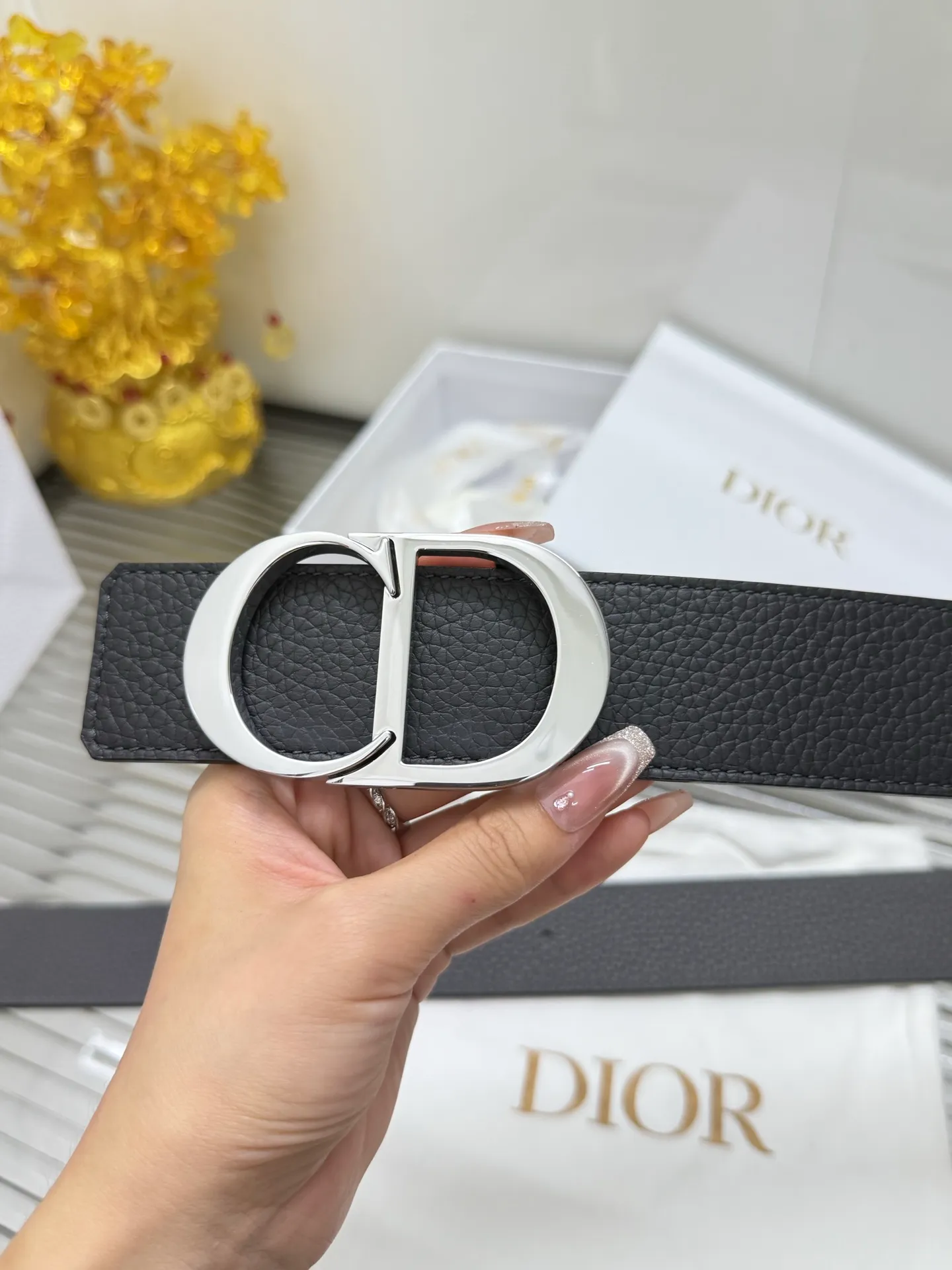 ✅Width: 𝟰.𝟬𝗰𝗺 ❑ Dior Reversible Lychee Black + Gray Original Imported Calfskin + Premium Pure Steel Hardware Buckle P440