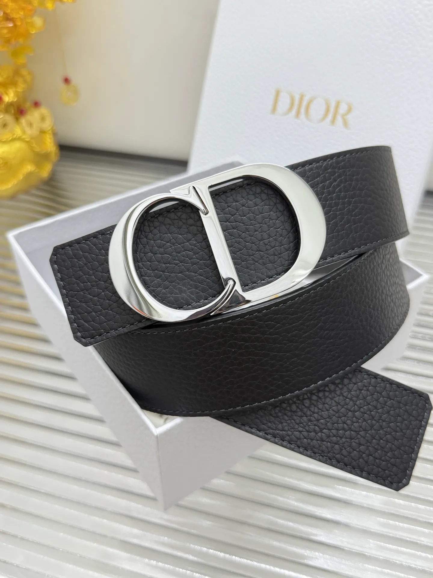 ✅Width: 𝟰.𝟬𝗰𝗺 ❑ Dior Reversible Lychee Black + Gray Original Imported Calfskin + Premium Pure Steel Hardware Buckle P440
