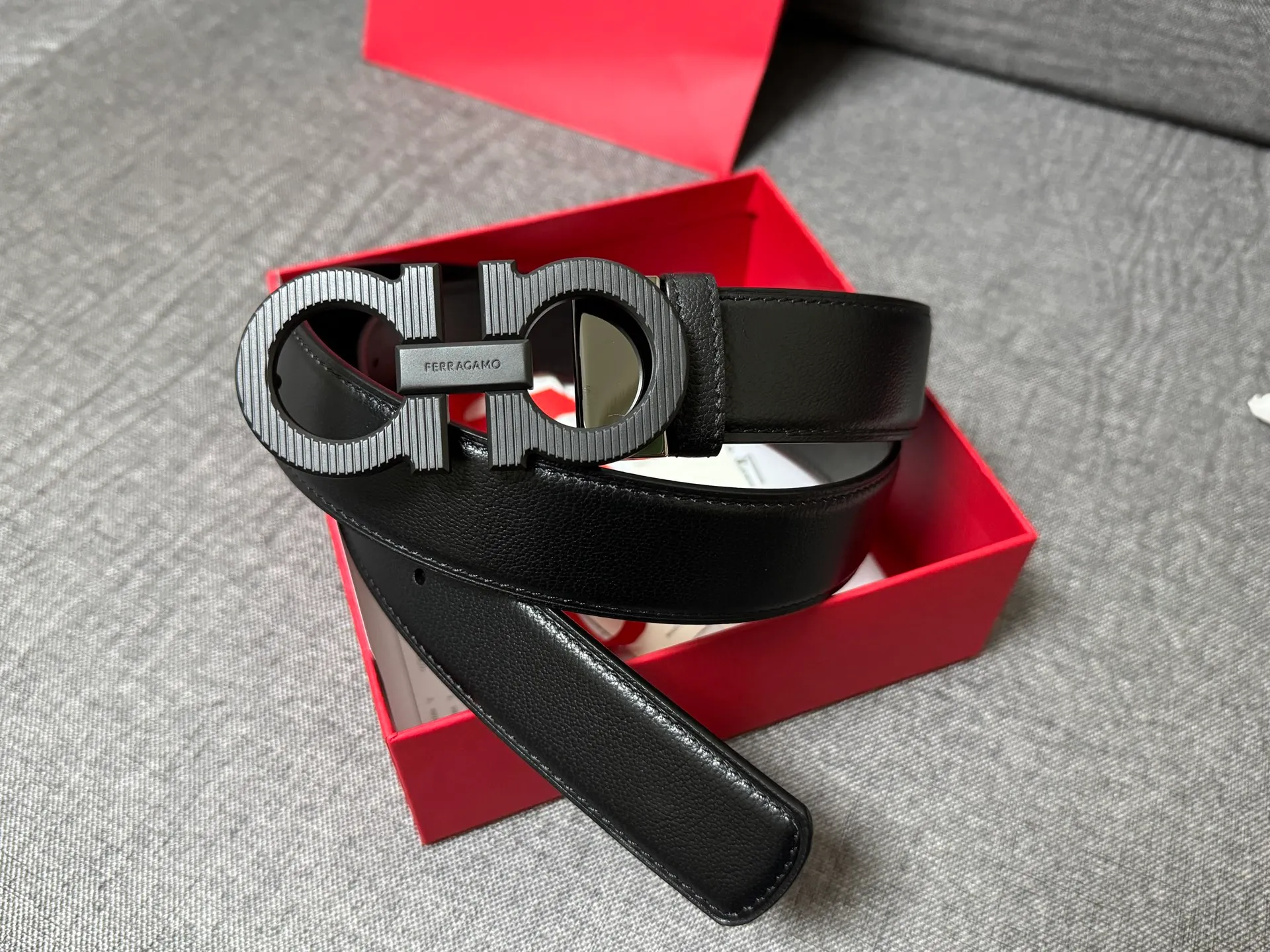 💰440💰Full set of packaging💰 💍Purchase level collection of good things—Salvatore Ferragamo men’s 3.5cm exquisite counter new style striped new logo double circle horseshoe metal buckle, first-layer cowhide double-sided versatile and atmospheric item