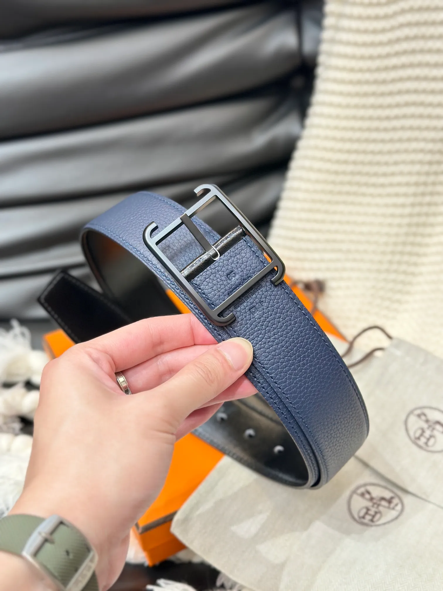 💰520💰Full package💰 💍Purchase level Hermes HERMES SADDLE 38 double-sided leather belt Sombrero II and Togo calfskin double-sided leather belt width 38MM