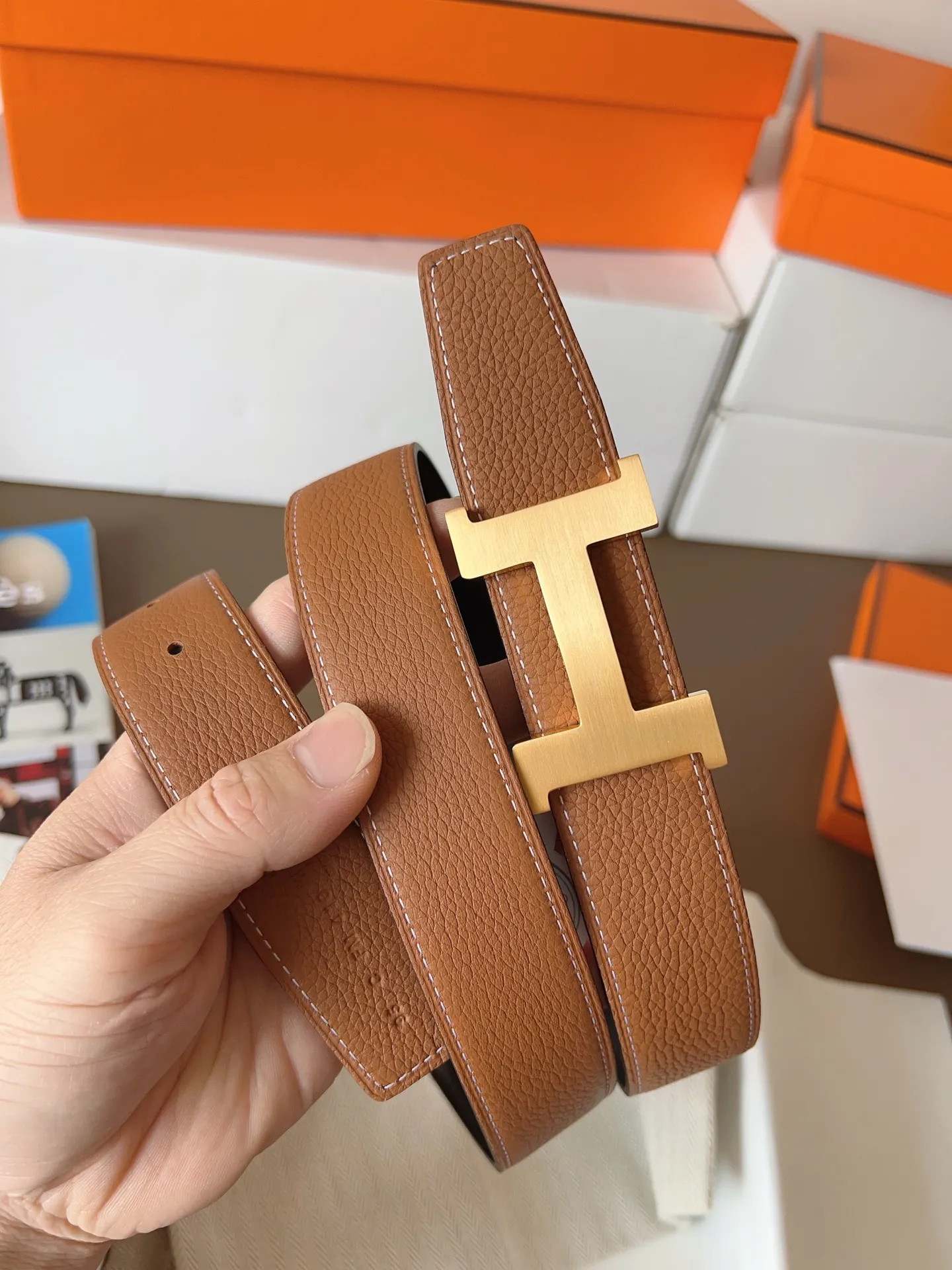 💰480💰Full set of packaging💰💍Purchase level Hermes "HERMES" new craftsmanship, original wiring 3.2cm, colors are black, earthy yellow, tin gray, coffee color, Prussian basket double-sided belt🇫🇷French original togo leather/A-grade steel buckle The quality is beyond doubt, there is no better, only the best,