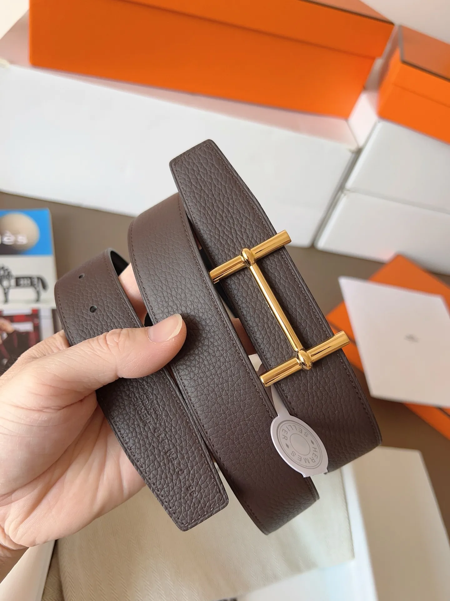 💰480💰Full set of packaging💰💍Purchase level Hermes "HERMES" new craftsmanship, original wiring 3.2cm, colors are black, earthy yellow, tin gray, coffee color, Prussian basket double-sided belt🇫🇷French original togo leather/A-grade steel buckle The quality is beyond doubt, there is no better, only the best,