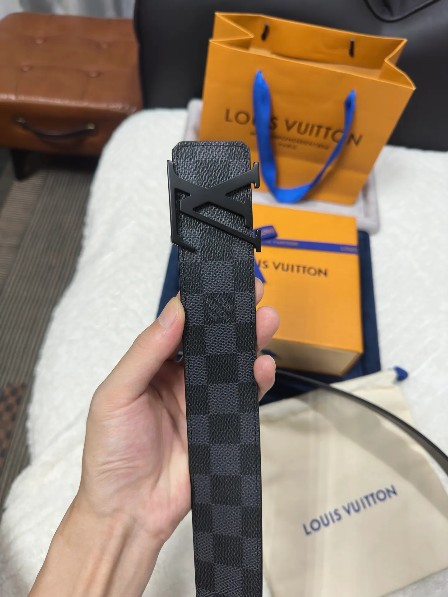 💰440💰Full set of packaging💰 💍purchase grade LV Louis Vuitton M0213 black and gray checkerboard width 4.0cm high-quality LV buckle