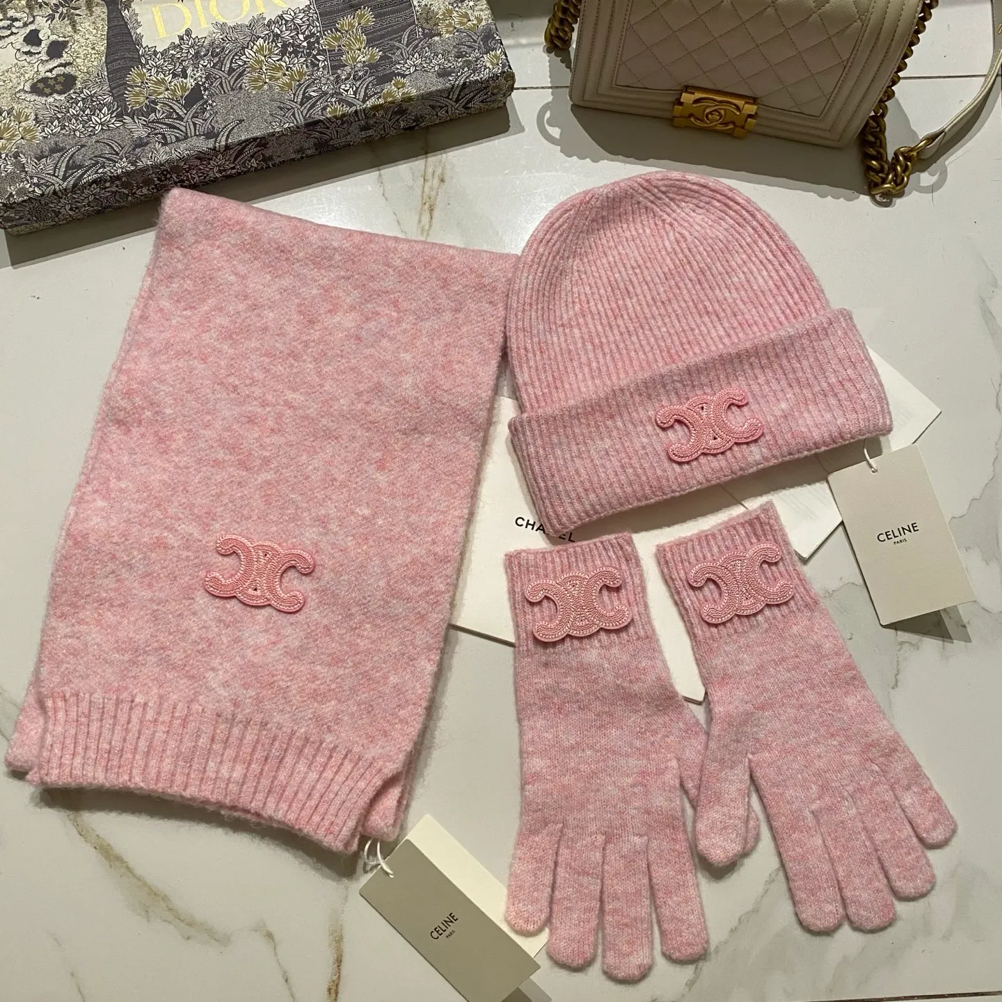 Celine suit cashmere knitted hat + scarf + gloves