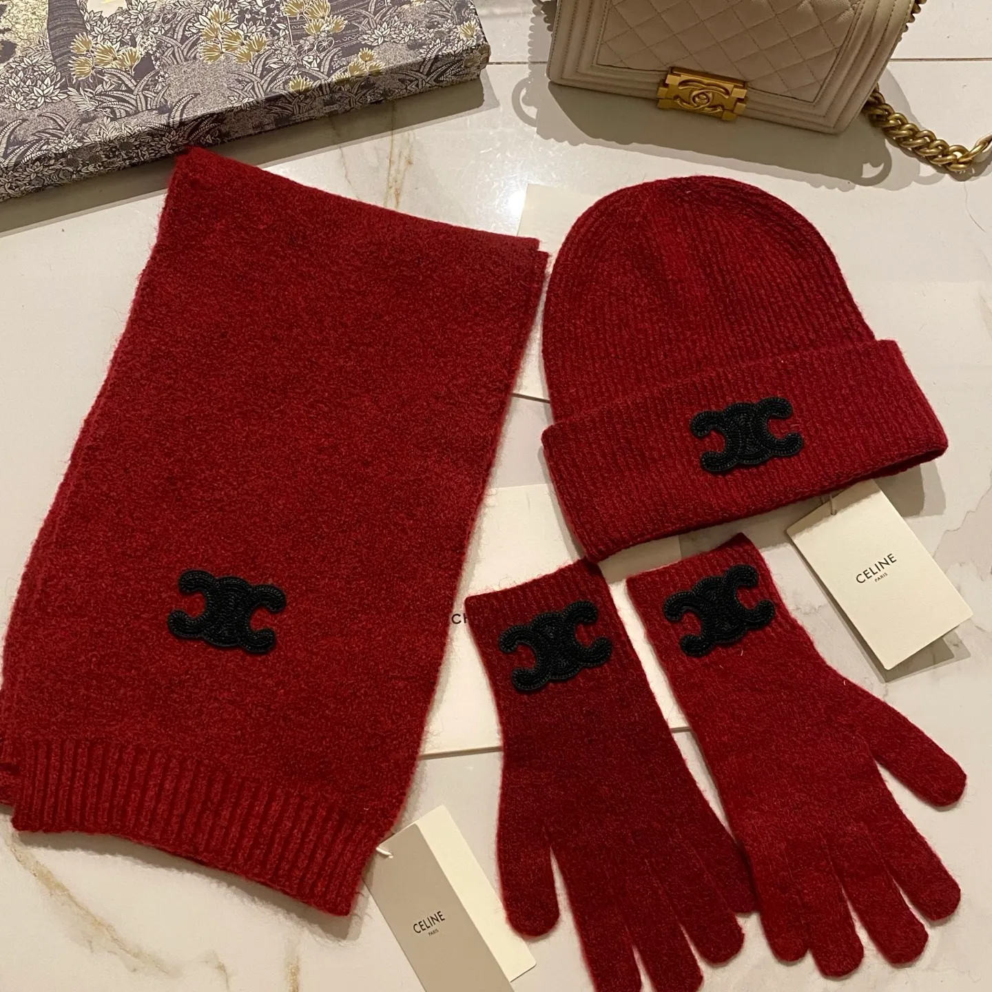 Celine suit cashmere knitted hat + scarf + gloves