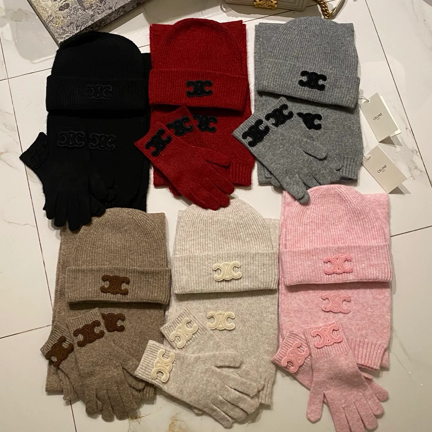 Celine suit cashmere knitted hat + scarf + gloves