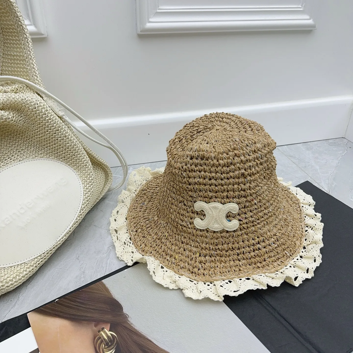 CELINE new lace hat 🩵 summer woven hat hand-knitted new sun hat
