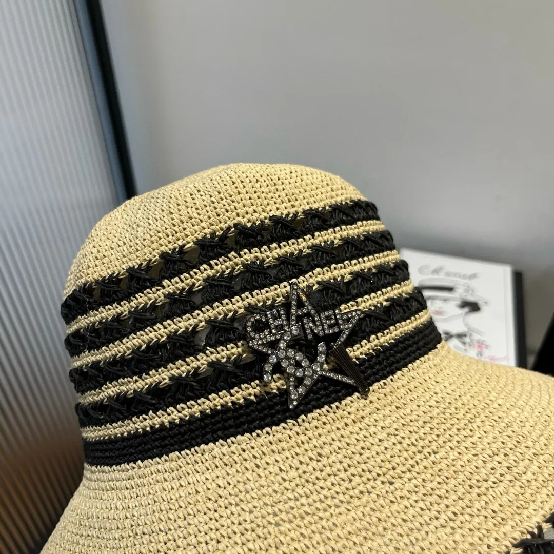 💰160¥ Chanel basin hat, handmade crocheted raffia hat, head circumference 57cm foldable