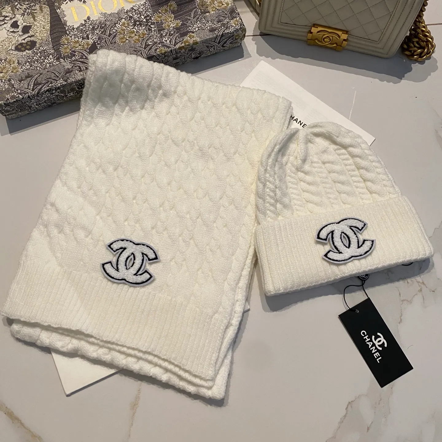 Chanel cashmere suit hat + scarf